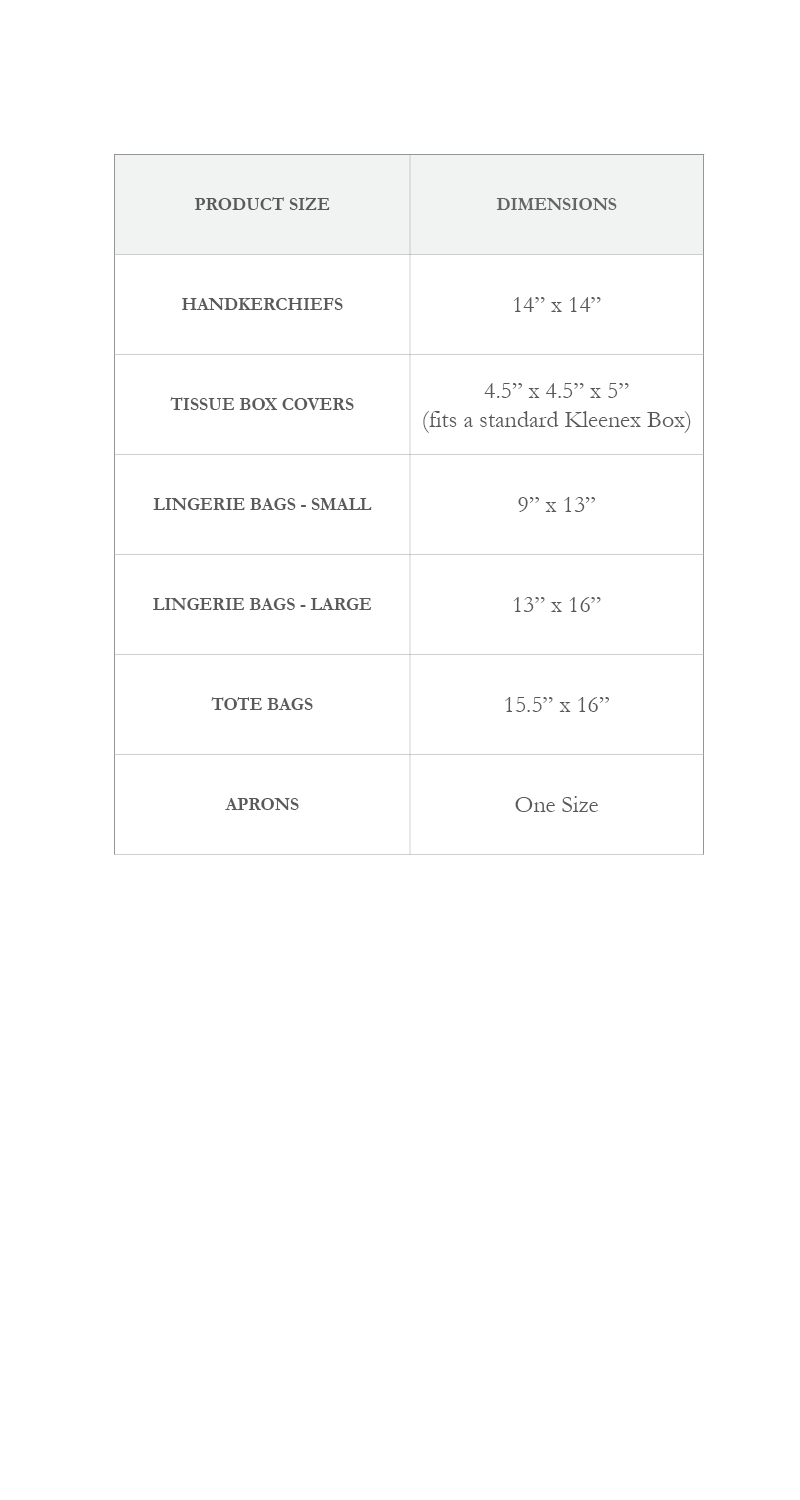 Size chart for accessories