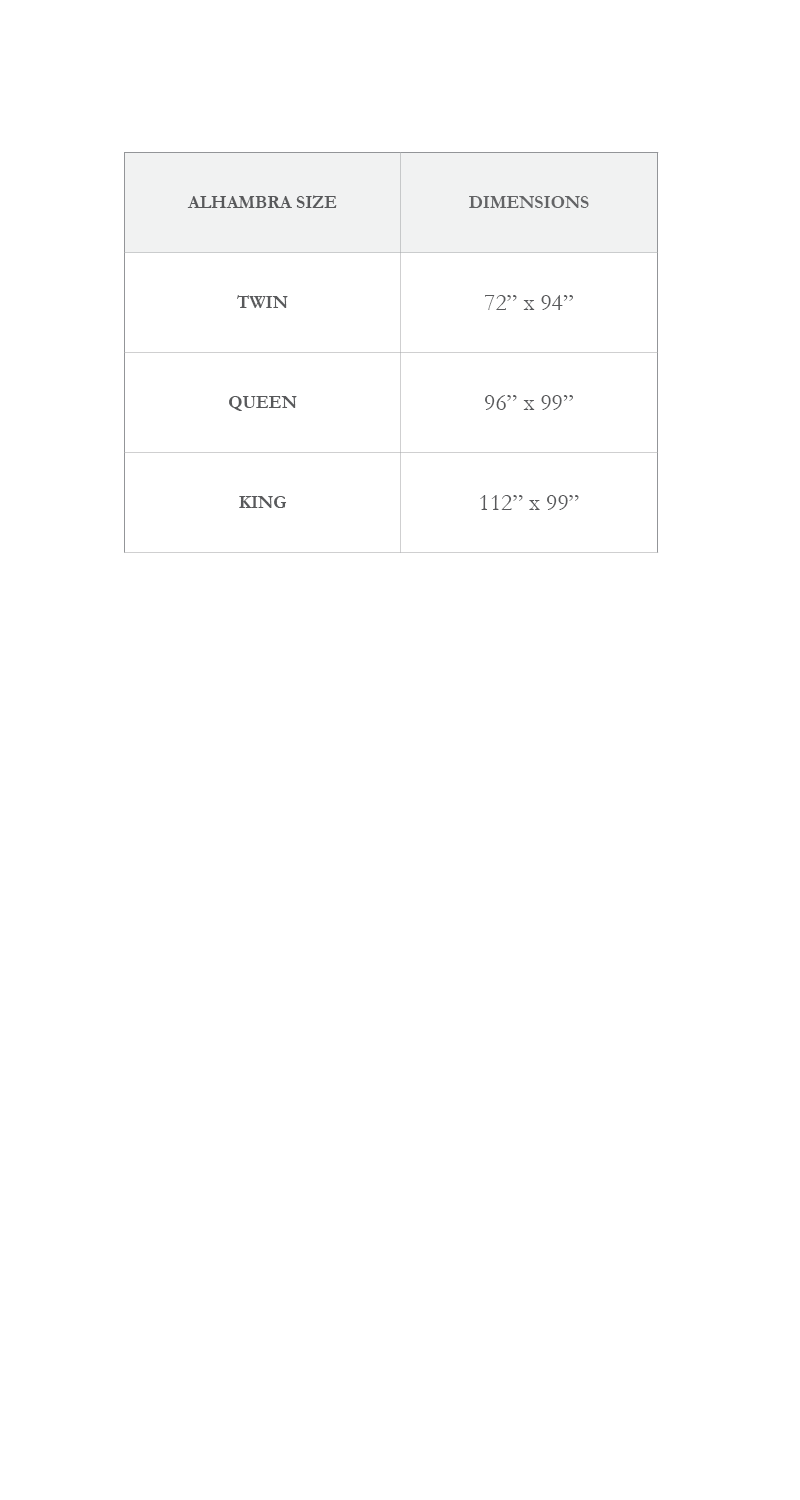 Size chart for Alhambra coverlets