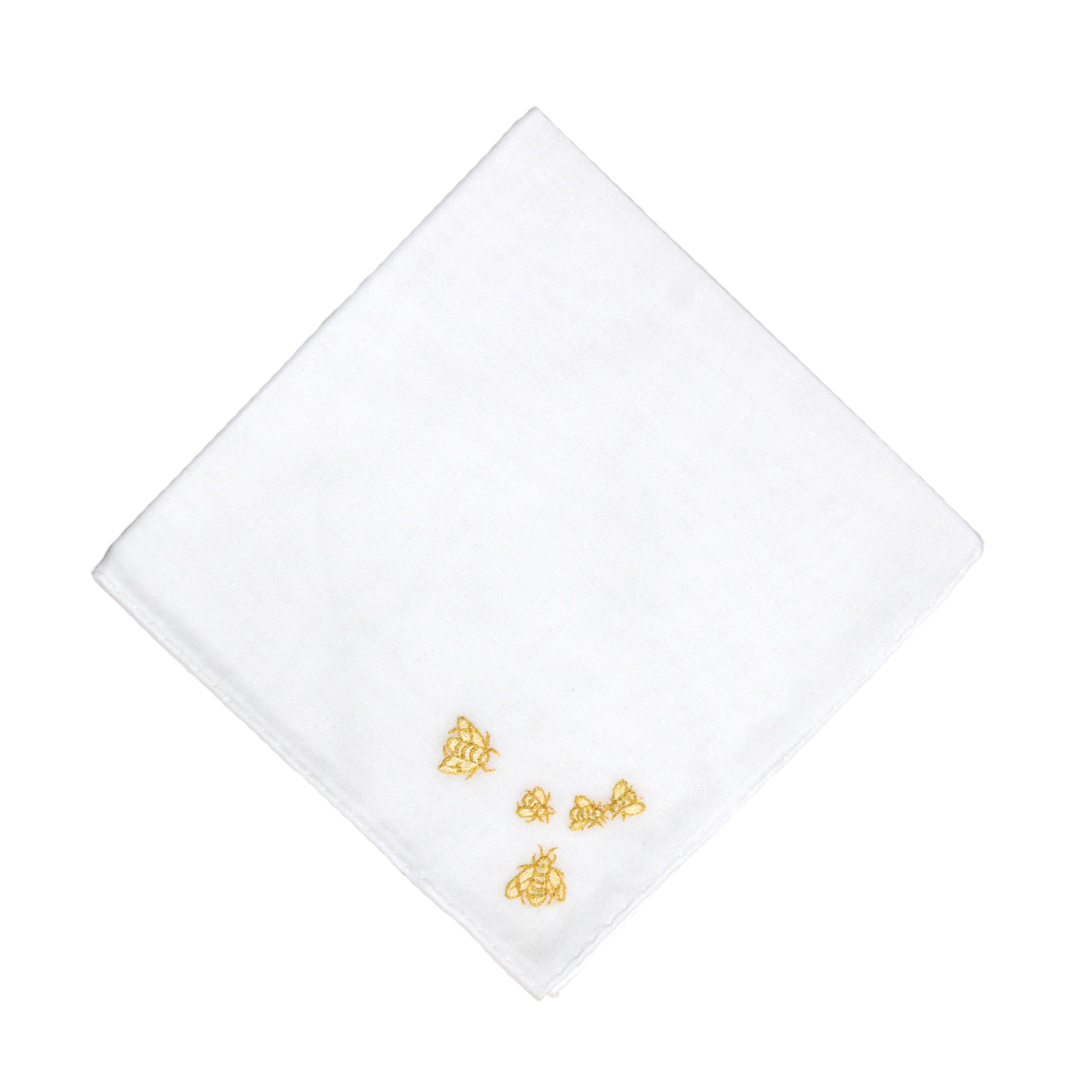 Cotton voile handkerchief, hand-rolled hem, hand-embroidered with yellow Bees.