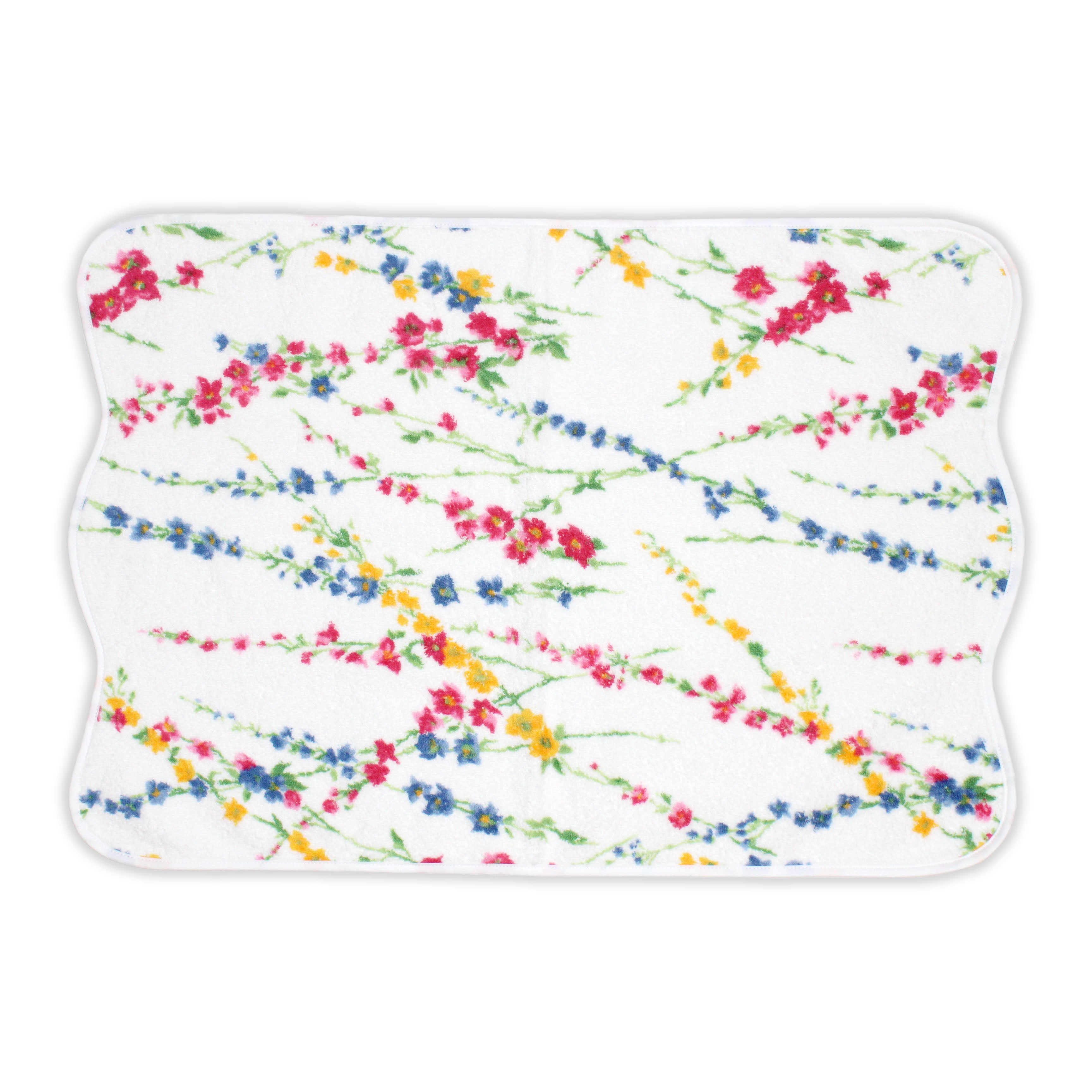 Close up of Printed multi color florals; pink, blue and yellow with green leaves/stems, Brindilles Print, on a Hand Towel, with a solid white background.