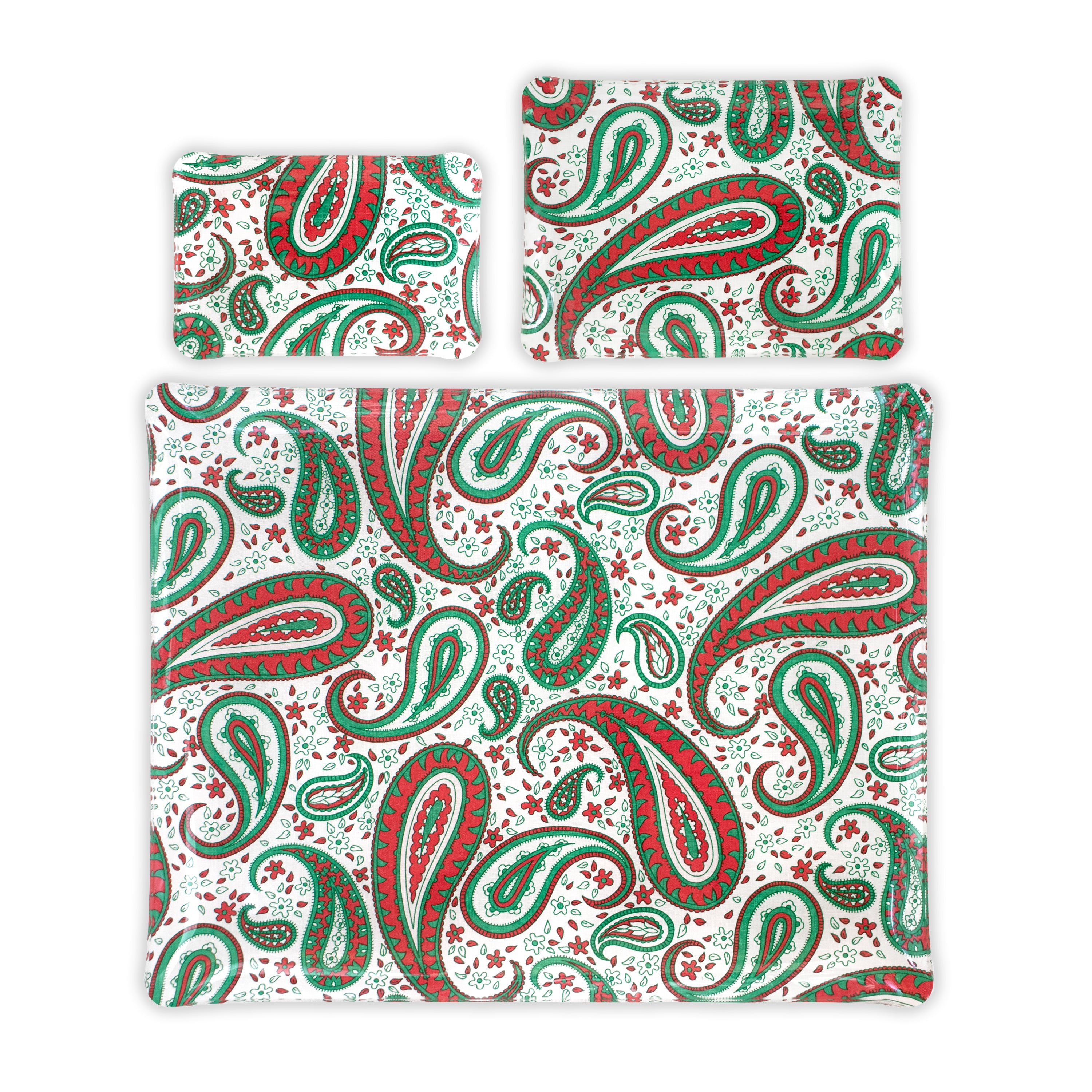 Group image of red and green paisleys print, Cachemire, in 3 Trays sizes: Small, Medium & Large
