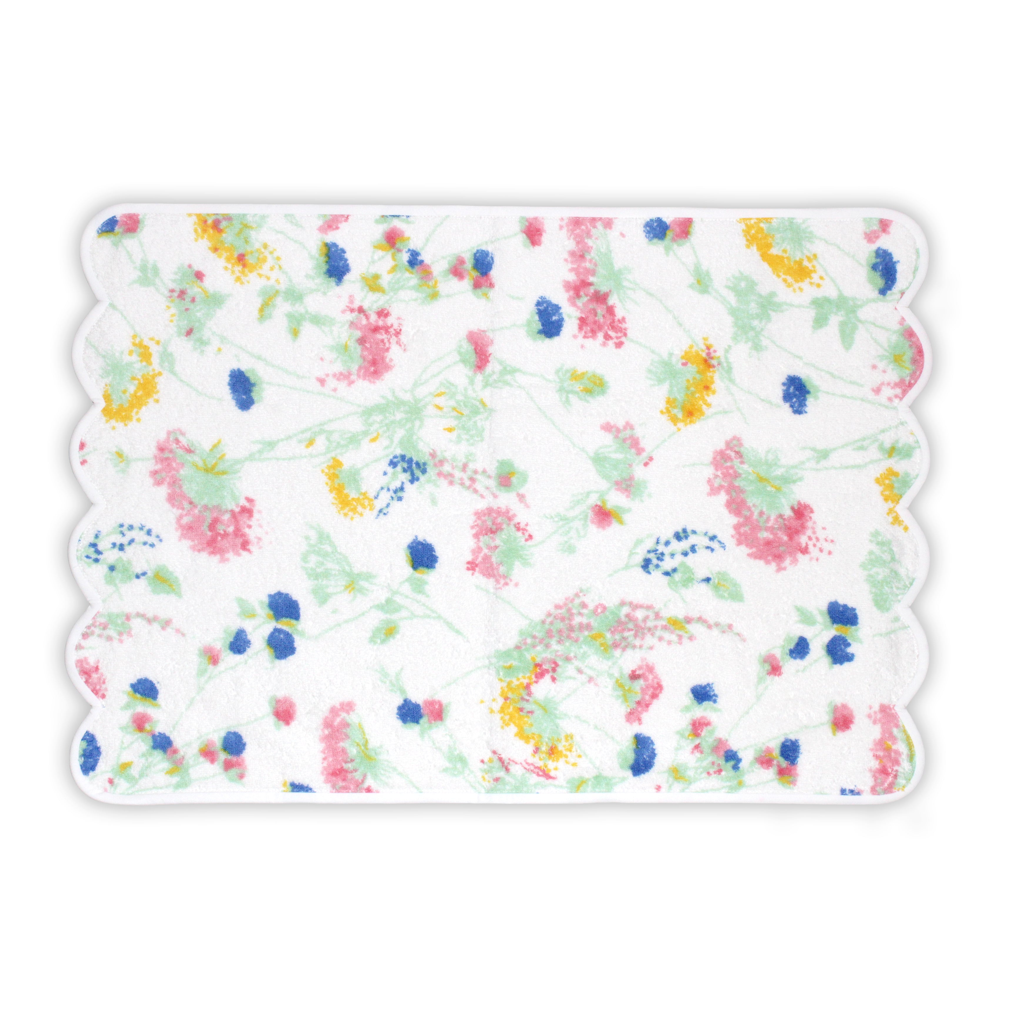 Printed blue, pink and yellow florals with green leaves/stems, Chardon Luzerne Print, Hand Towel on a solid white background.