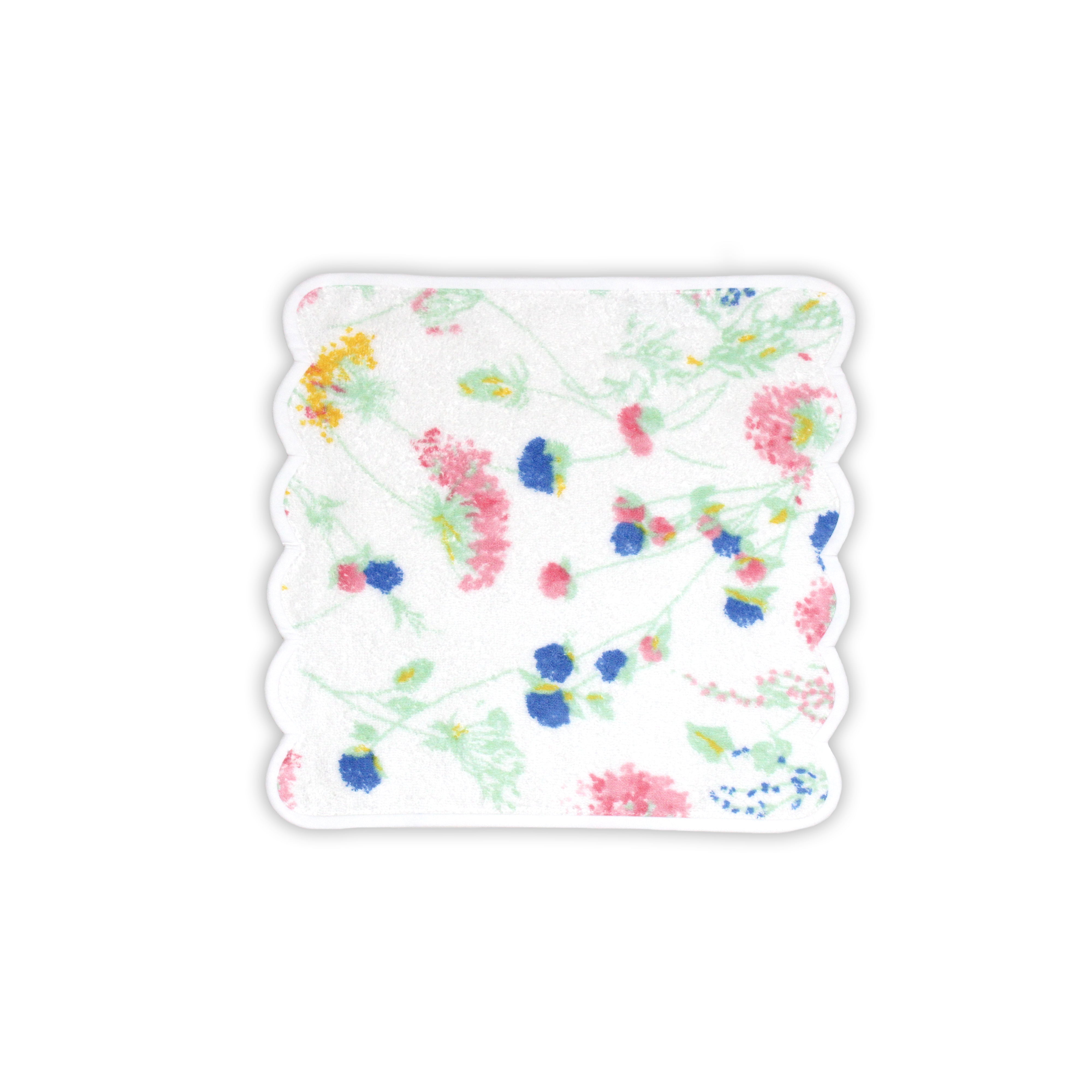 Printed blue, pink and yellow florals with green leaves/stems, Chardon Luzerne Print, Washcloth on a solid white background.