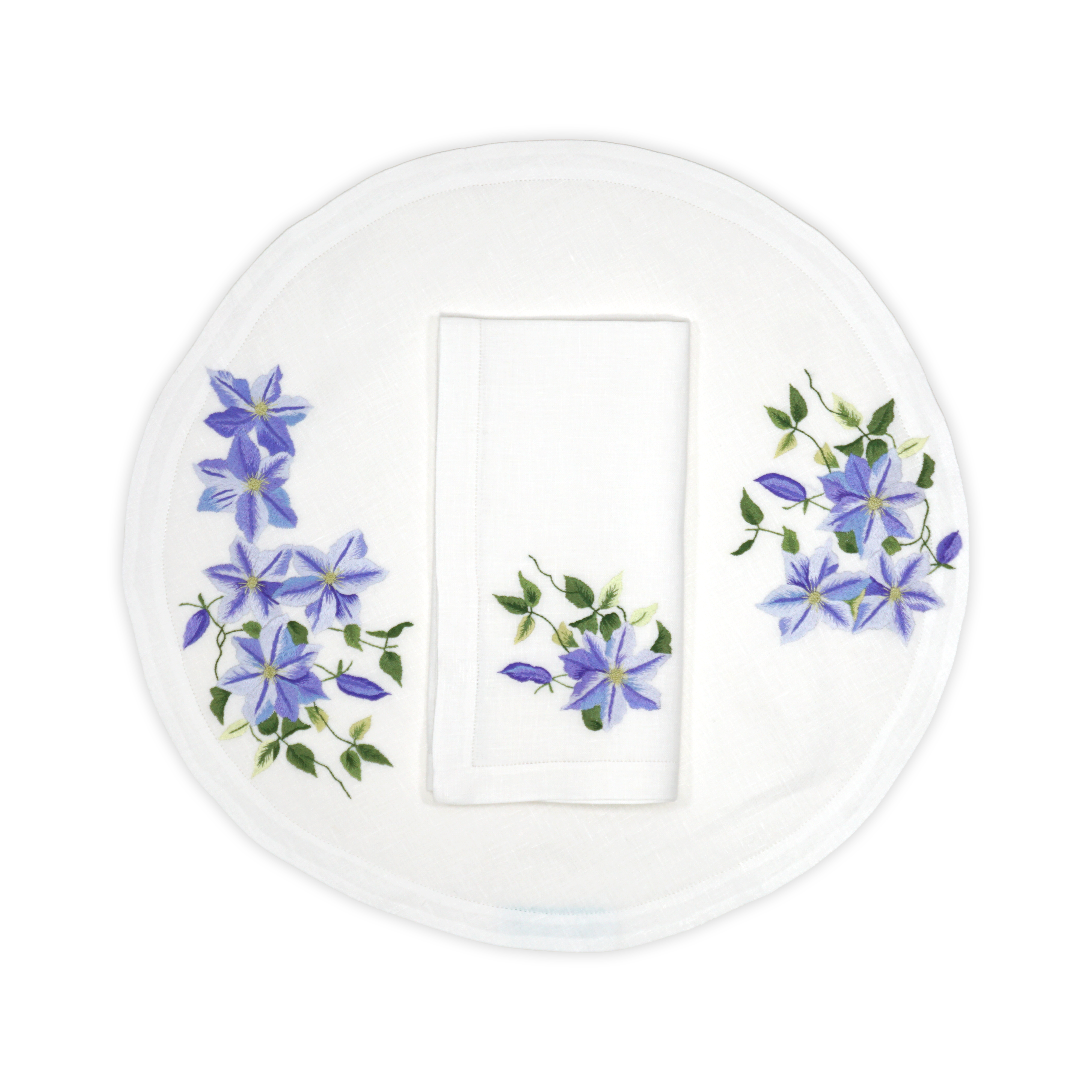 Clematis Blue Round Emb. Placemat/Napkin Sets