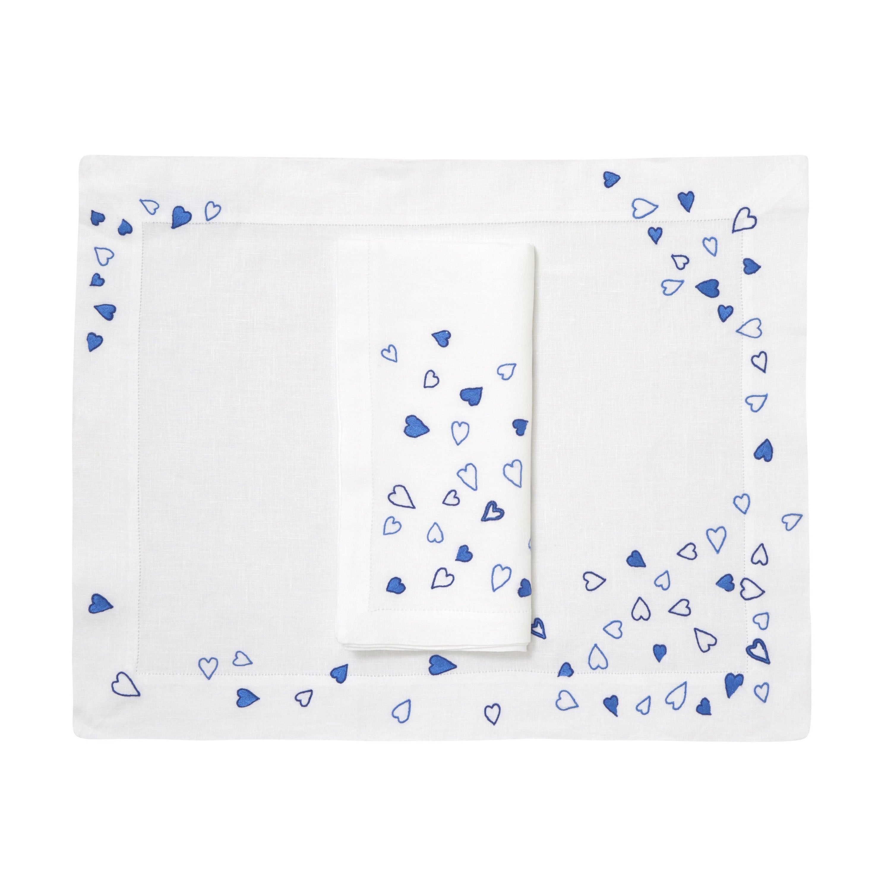 Coeurs Blue Emb. Placemat/Napkin Sets