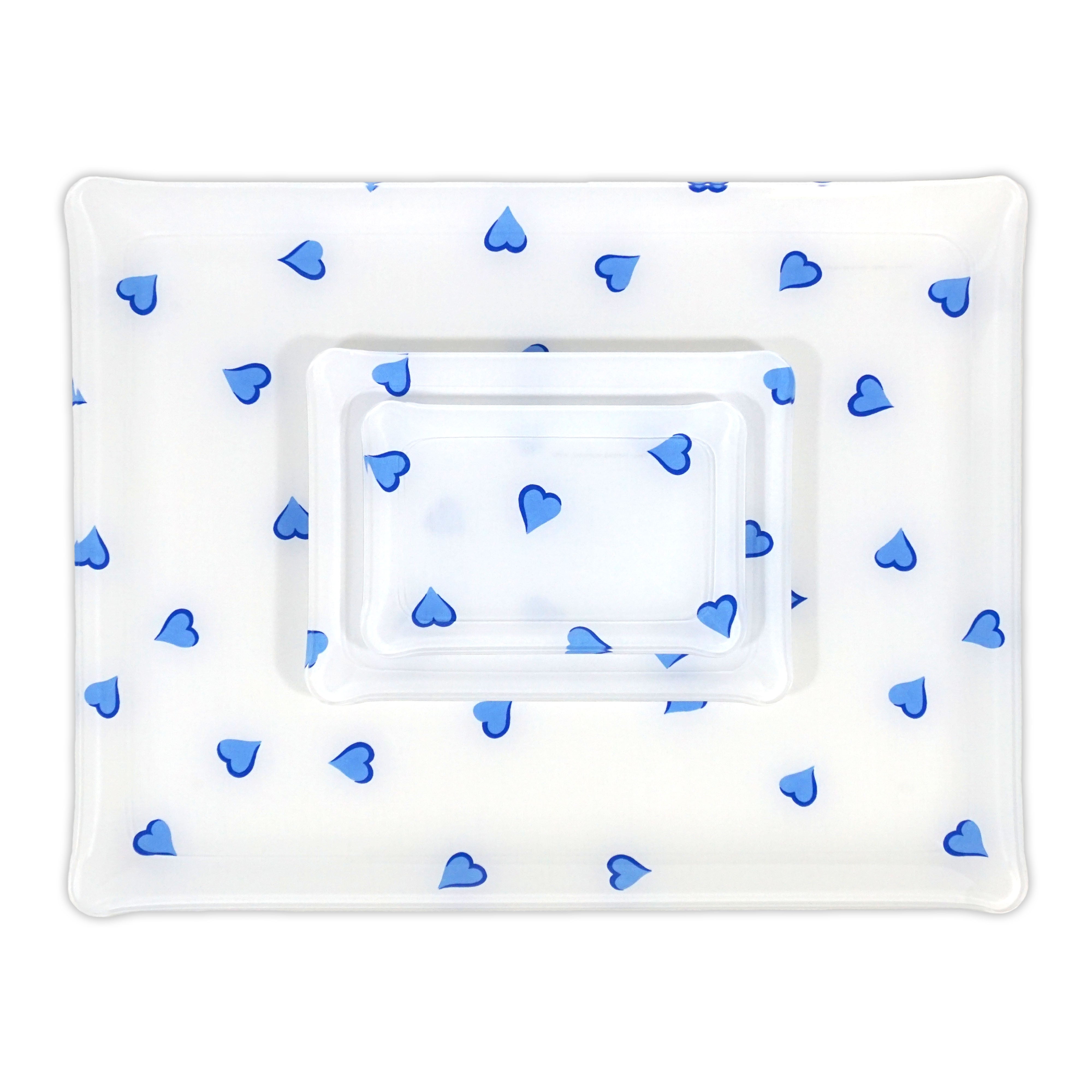 Printed Laminated Trays, group of all 3 trays, top to bottom: small, medium and large. Each tray in scattered blue hearts, Coeurs print.