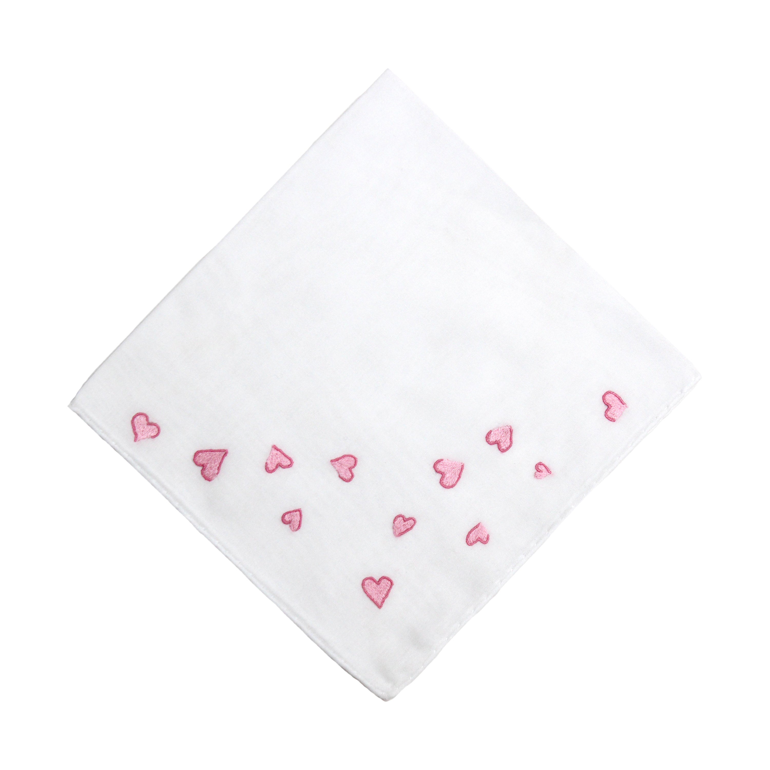 Cotton voile handkerchief, hand-rolled hem, hand-embroidered with pink hearts.