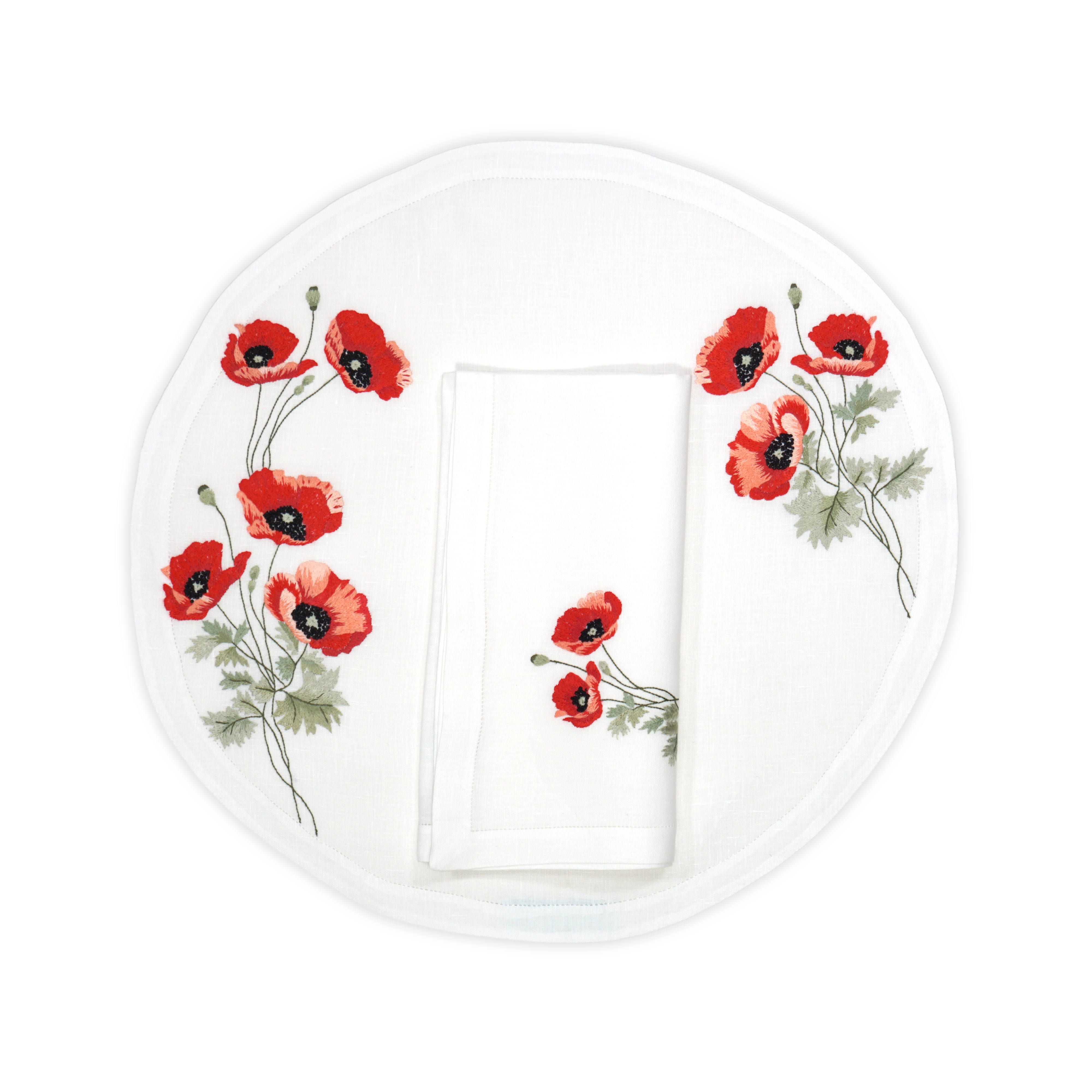 Coquelicots Red Round Emb. Placemat/Napkin Sets