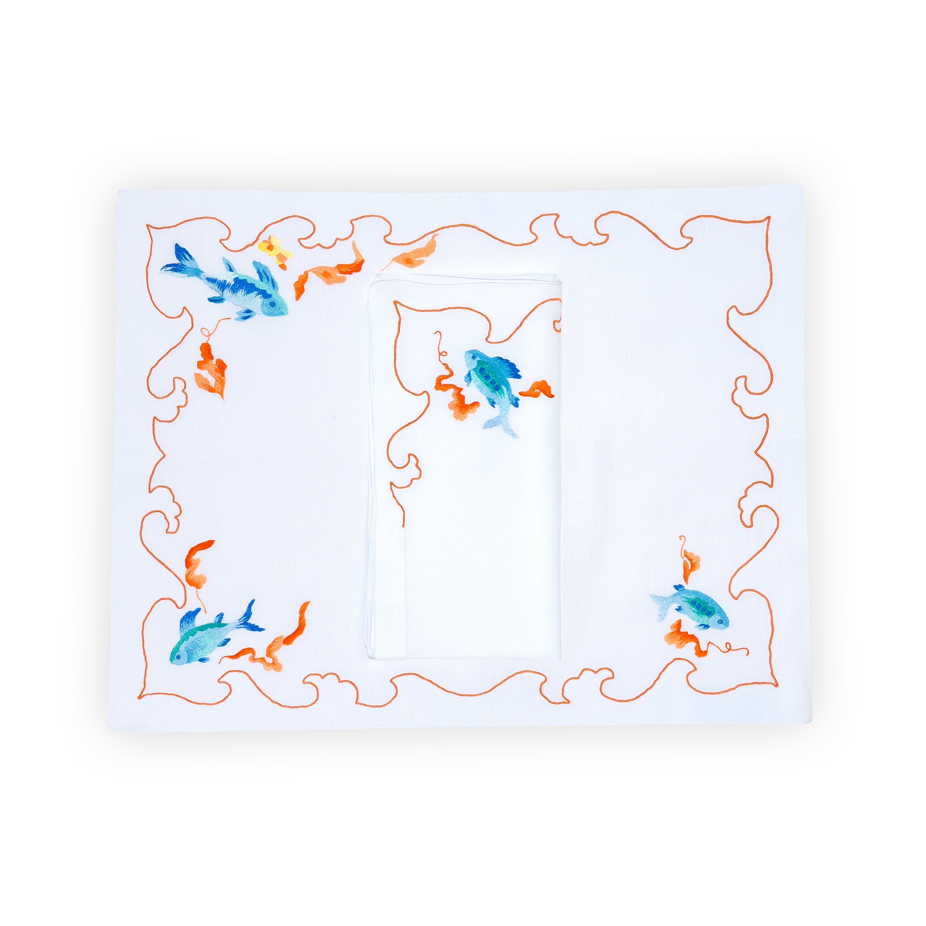 Poissons Coral/Blue Emb. Placemat/Napkin Sets