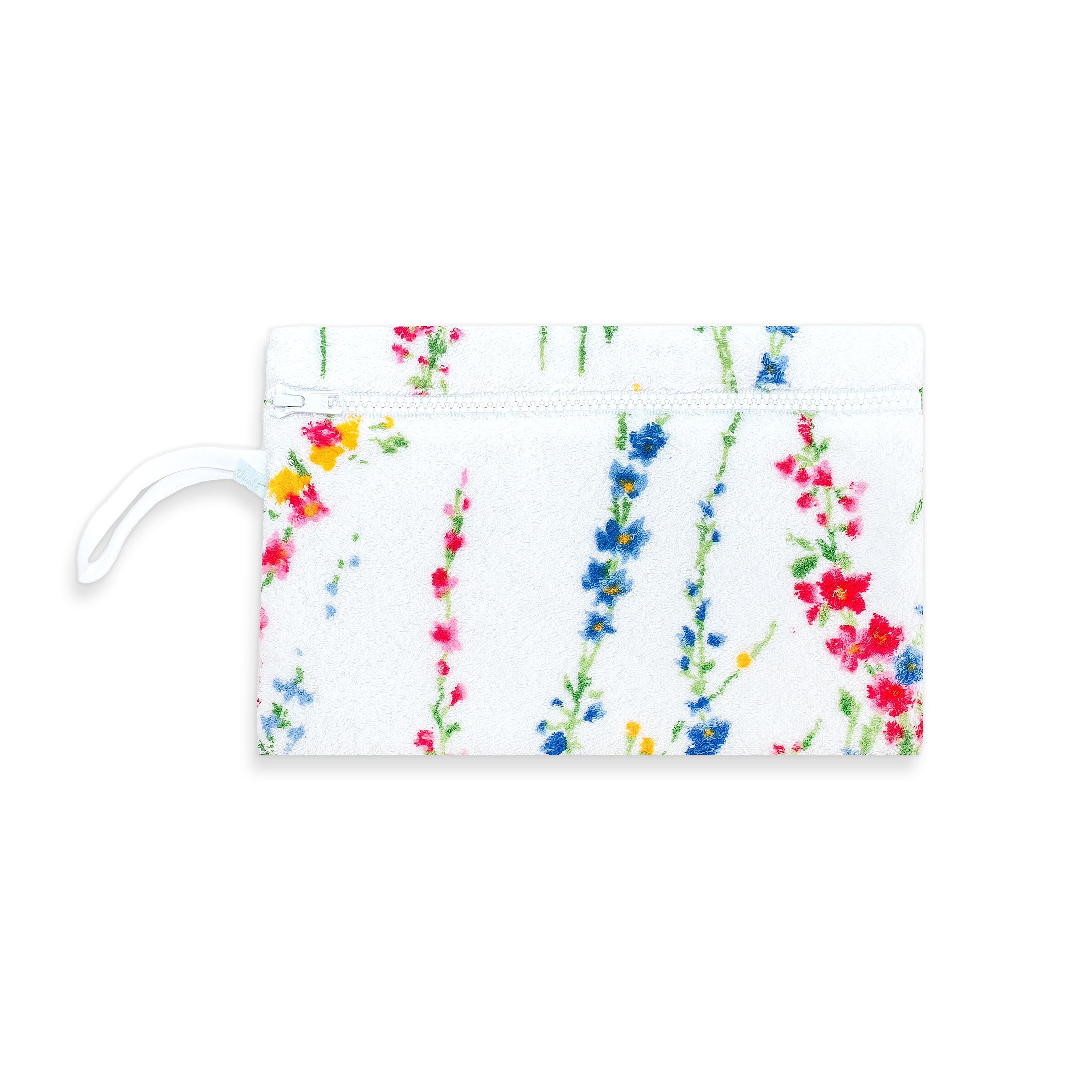 Multi-colored floral-patterned pouch, white zipper, and white wrist band, on a white background