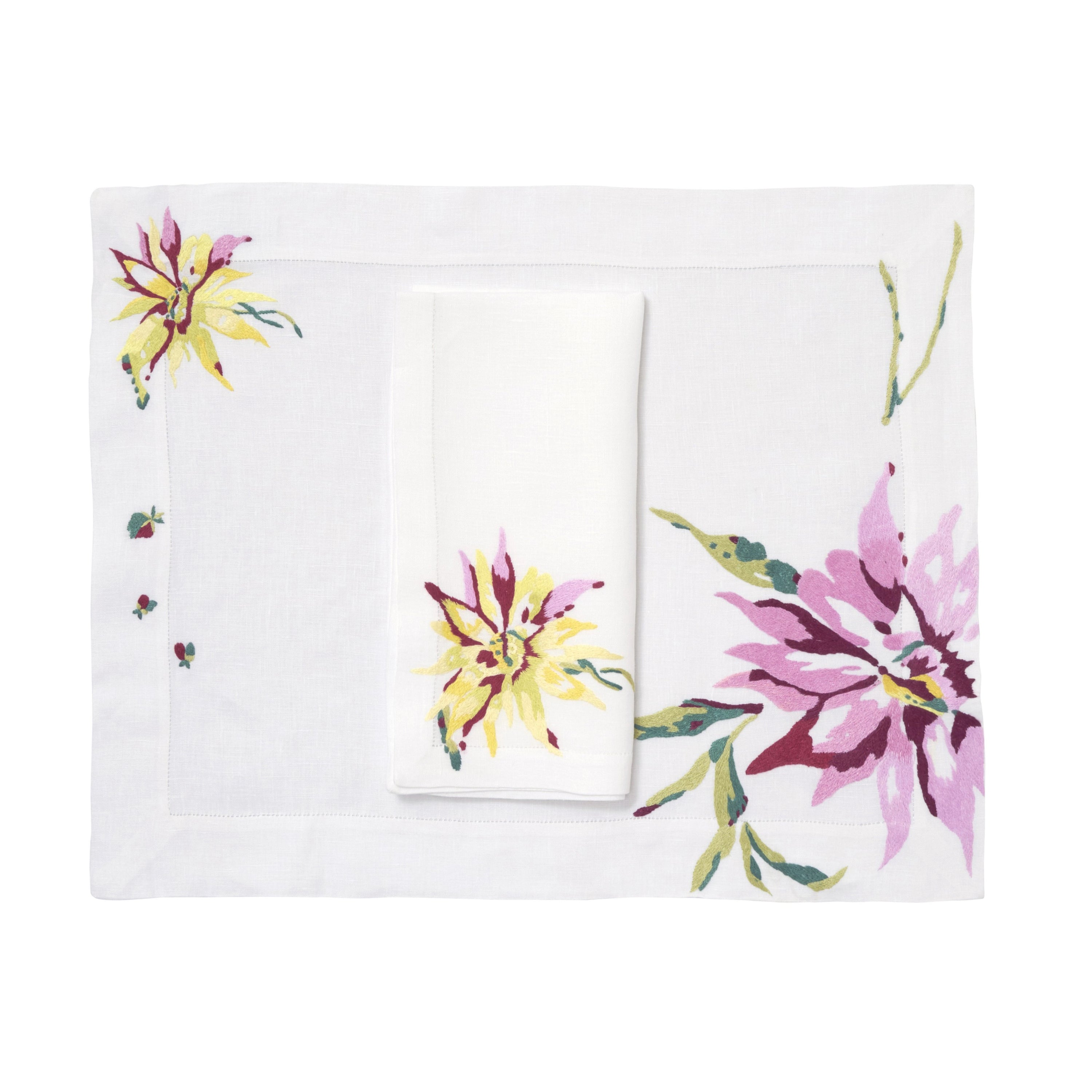 大丽花嵌入。餐垫/餐巾套装