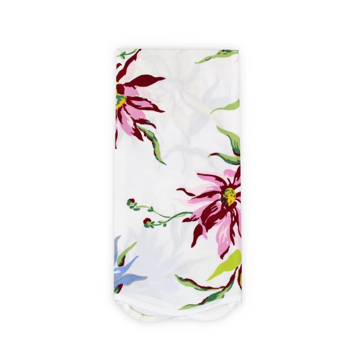 Dahlia printed guest towel with white wavy bias. Shown on a white background.