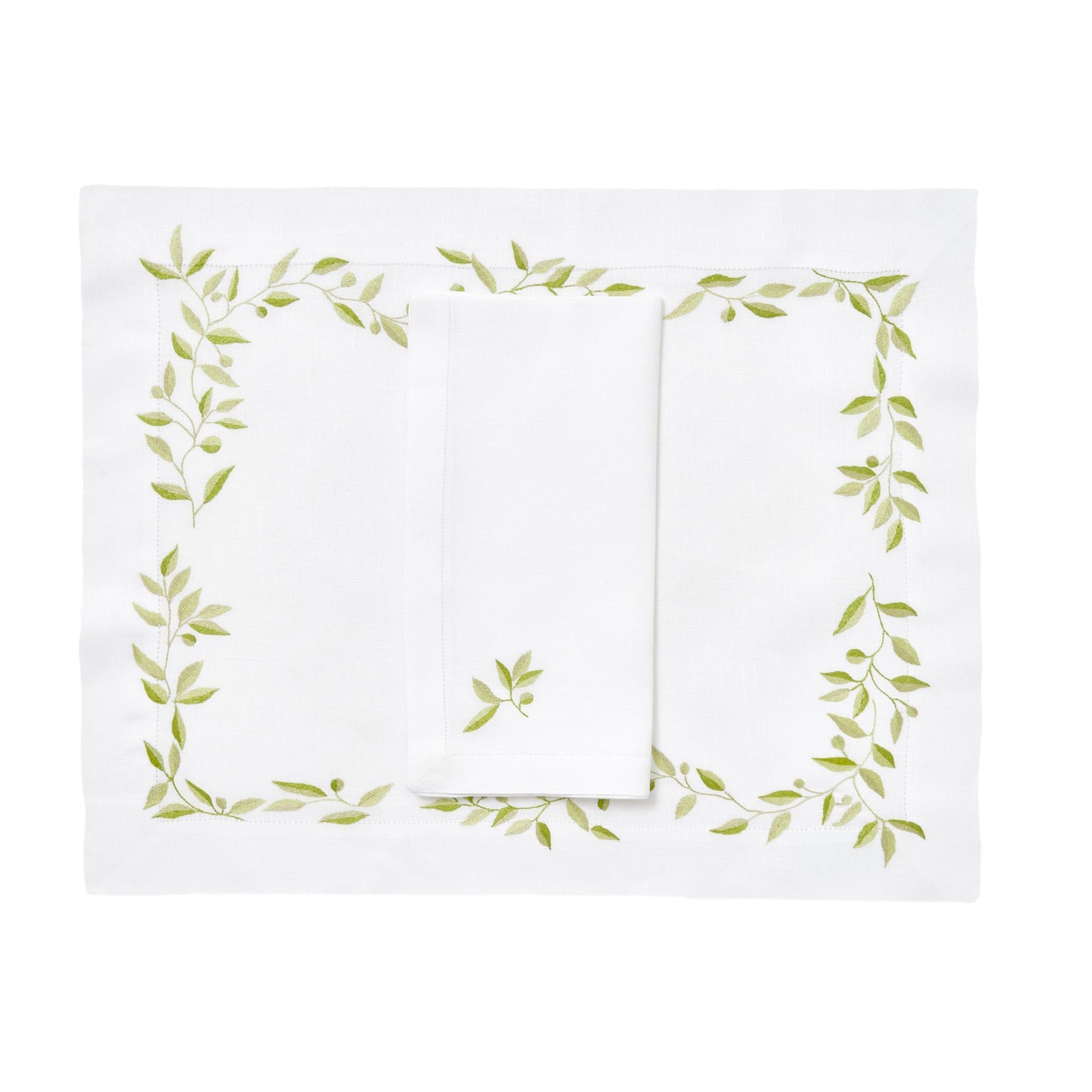 Feuilles d'Olivier Green Emb. Placemat/Napkin Sets