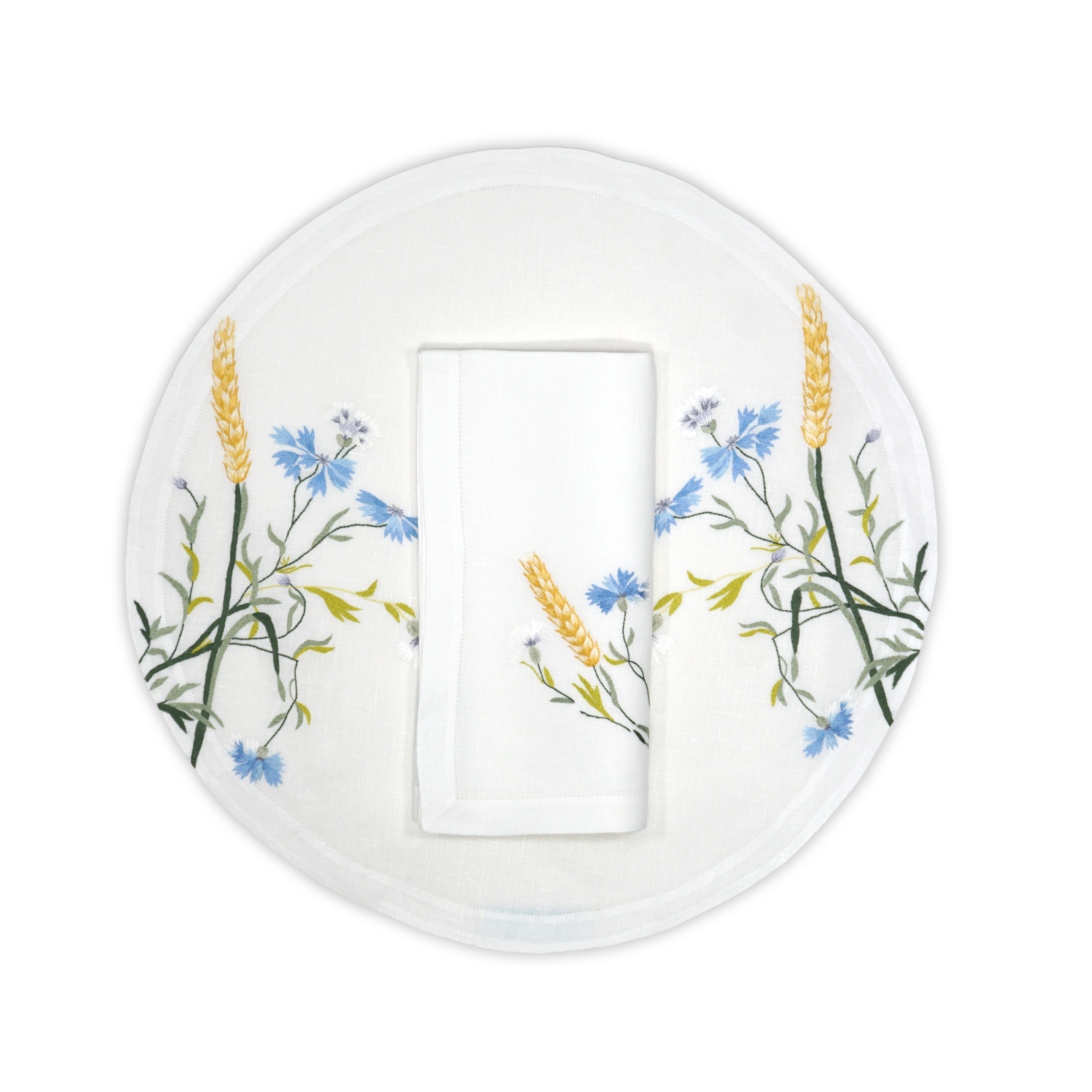 Fleurs Bleues Round Emb. Placemat/Napkin Sets