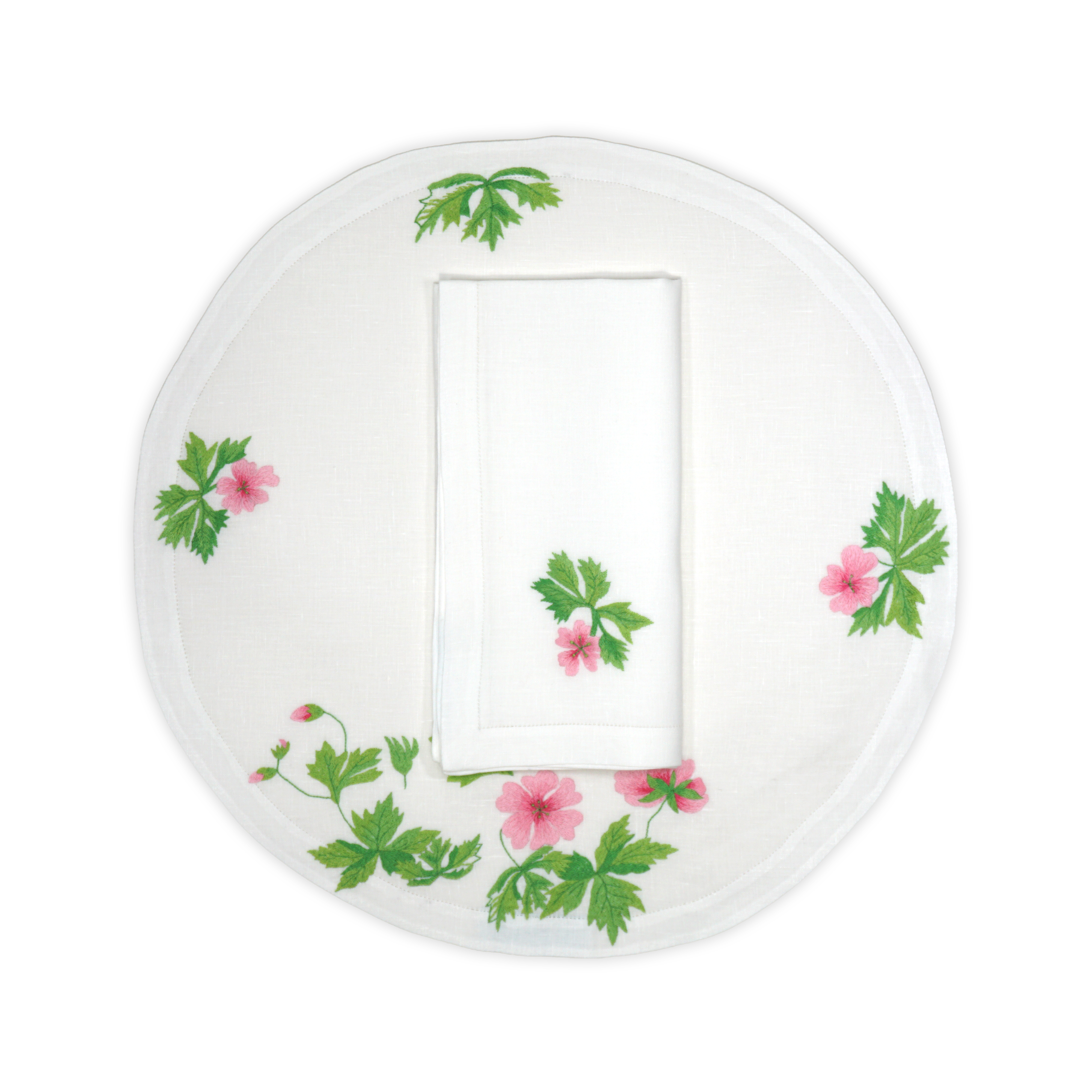 Fleurs Roses Round Emb. Placemat/Napkin Sets