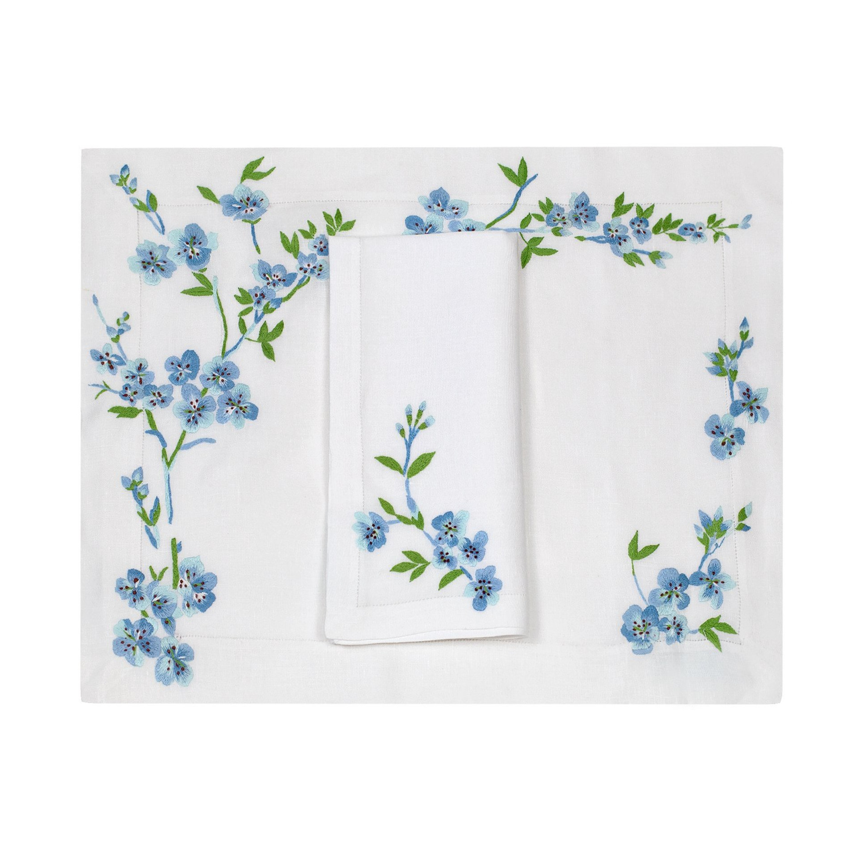 Fleurs de Pêcher Blue Emb. Placemat/Napkin Sets