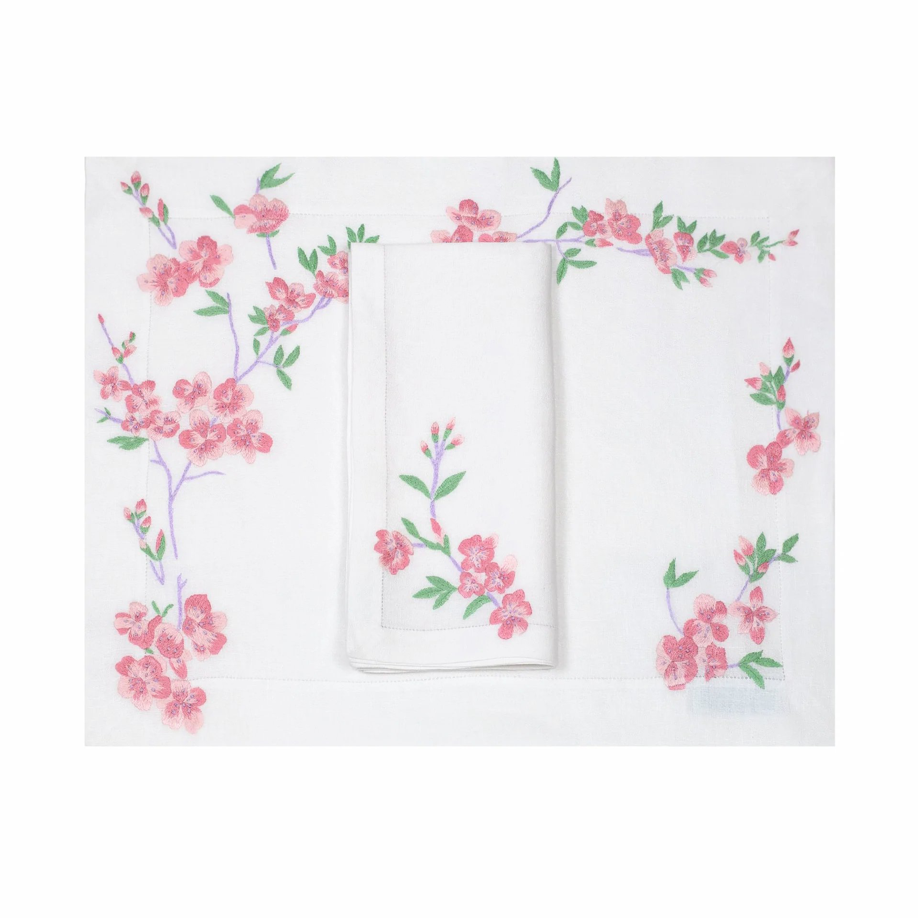 Fleurs de Pêcher Rose Emb. Placemat/Napkin Sets