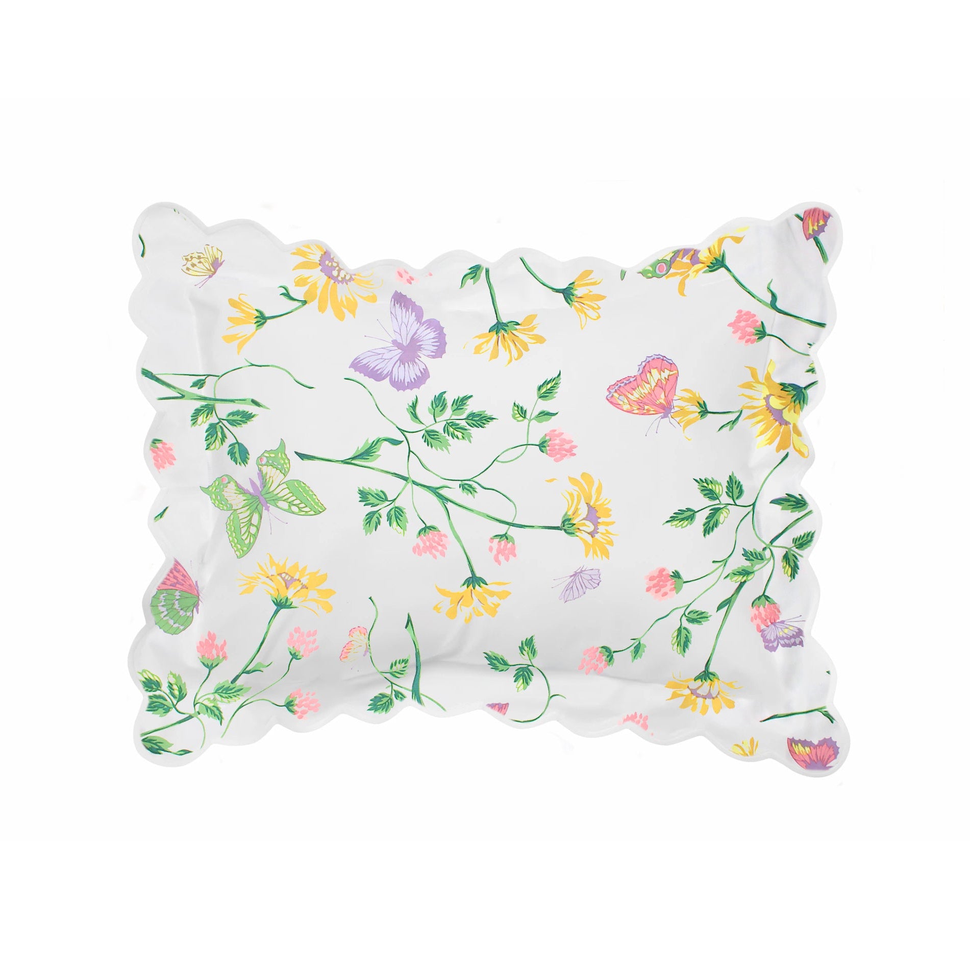 Printed florals and butterflies (in pink, yellow, lilac and green) on a boudoir sham, with scallop white bias.