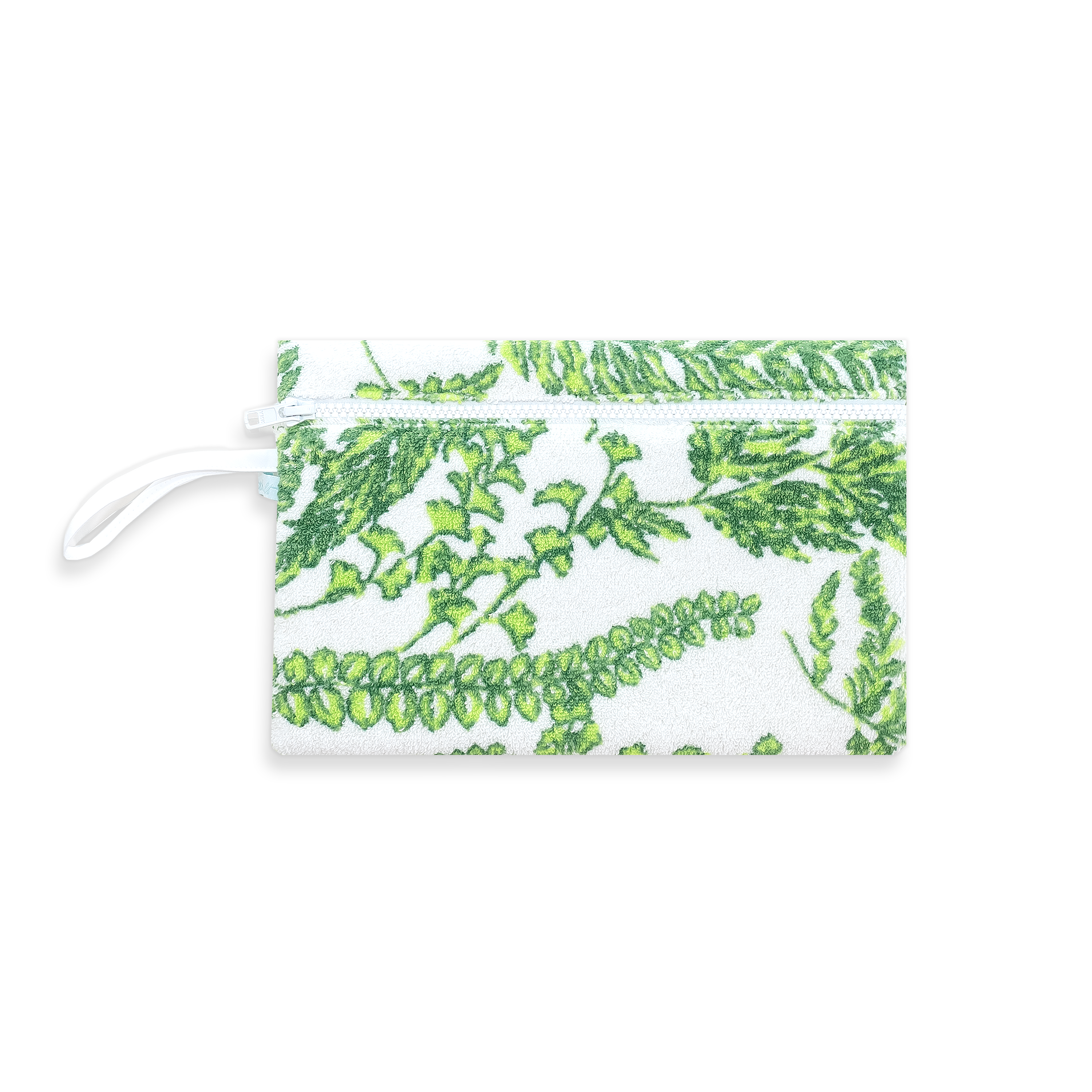 Green floral-patterned pouch, white zipper, and white wrist band, on a white background