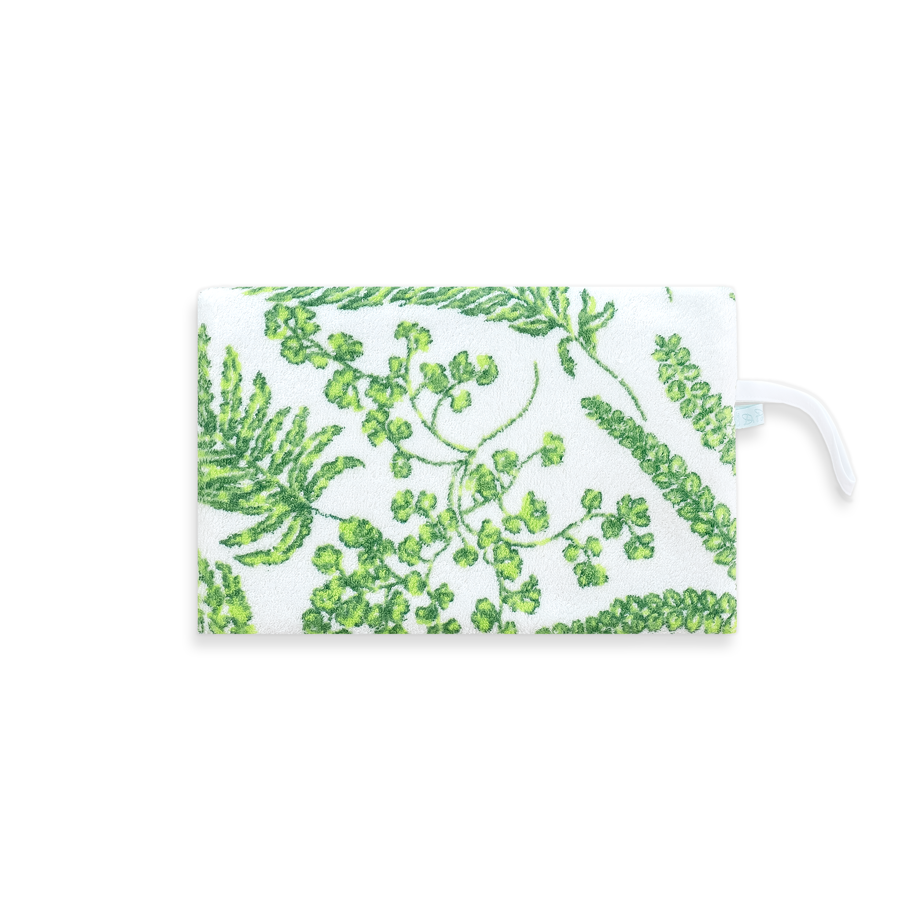 Green floral-patterned pouch, and white wrist band, on a white background