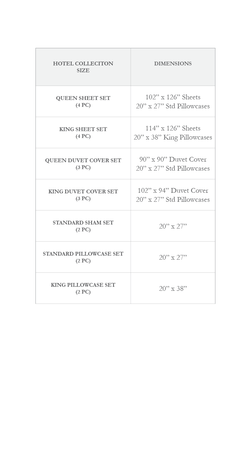 Size chart for hotel collection