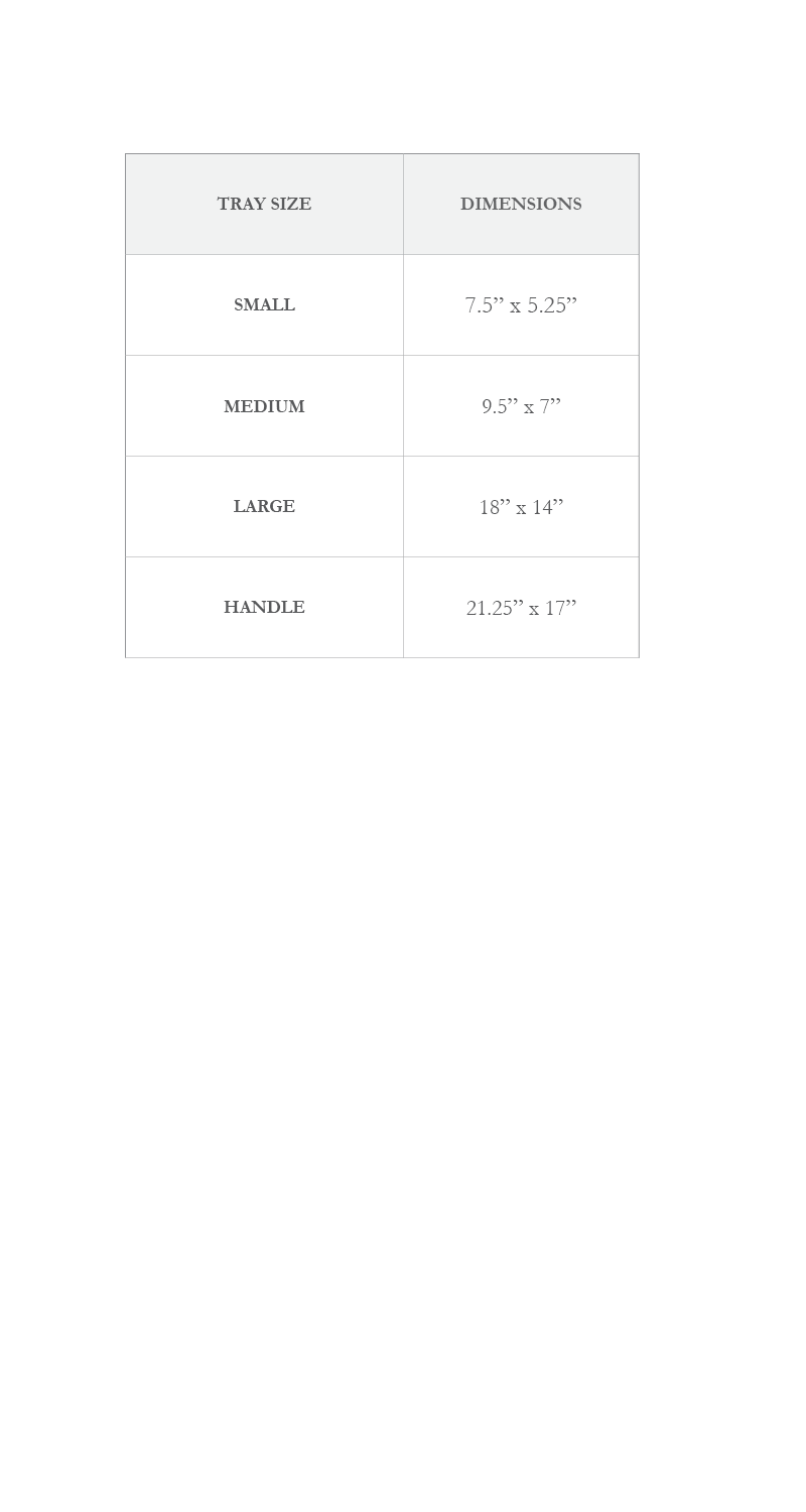 Size chart for laminated trays