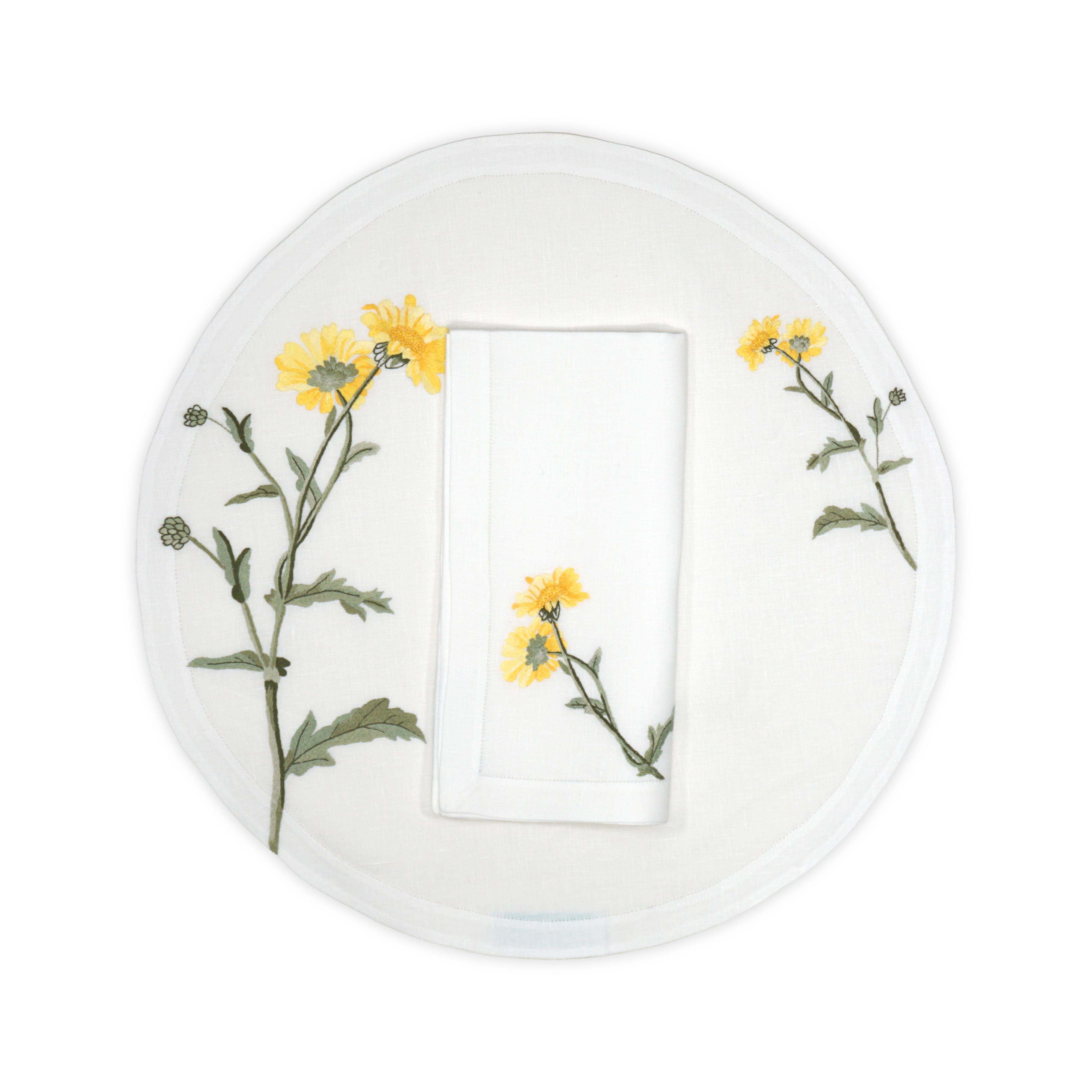 Marguerites Yellow Round Emb. Placemat/Napkin Sets