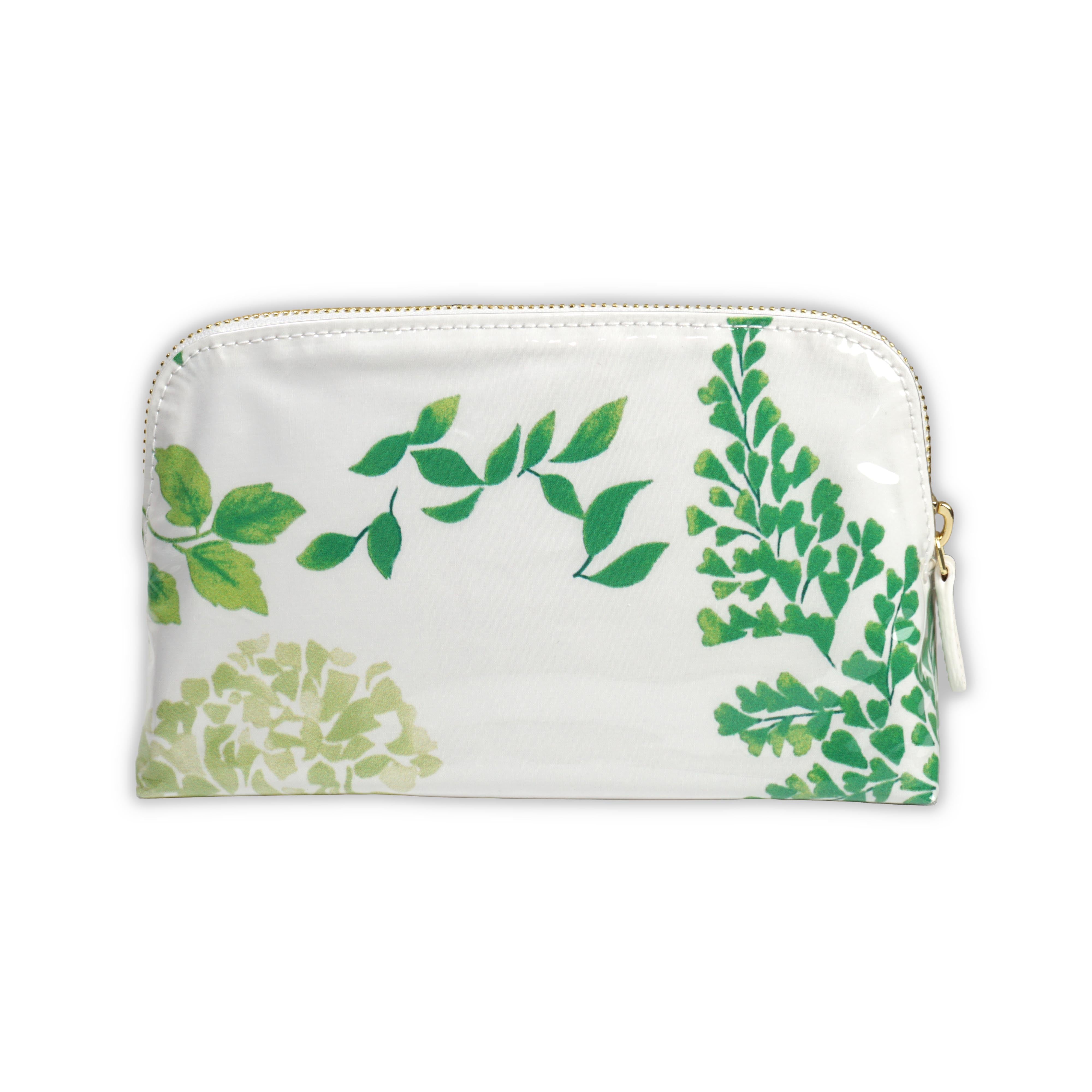 Small cosmetic pouch featuring green hydrangea motifs in Mariage, finished with a gold-tone brass zip closure.