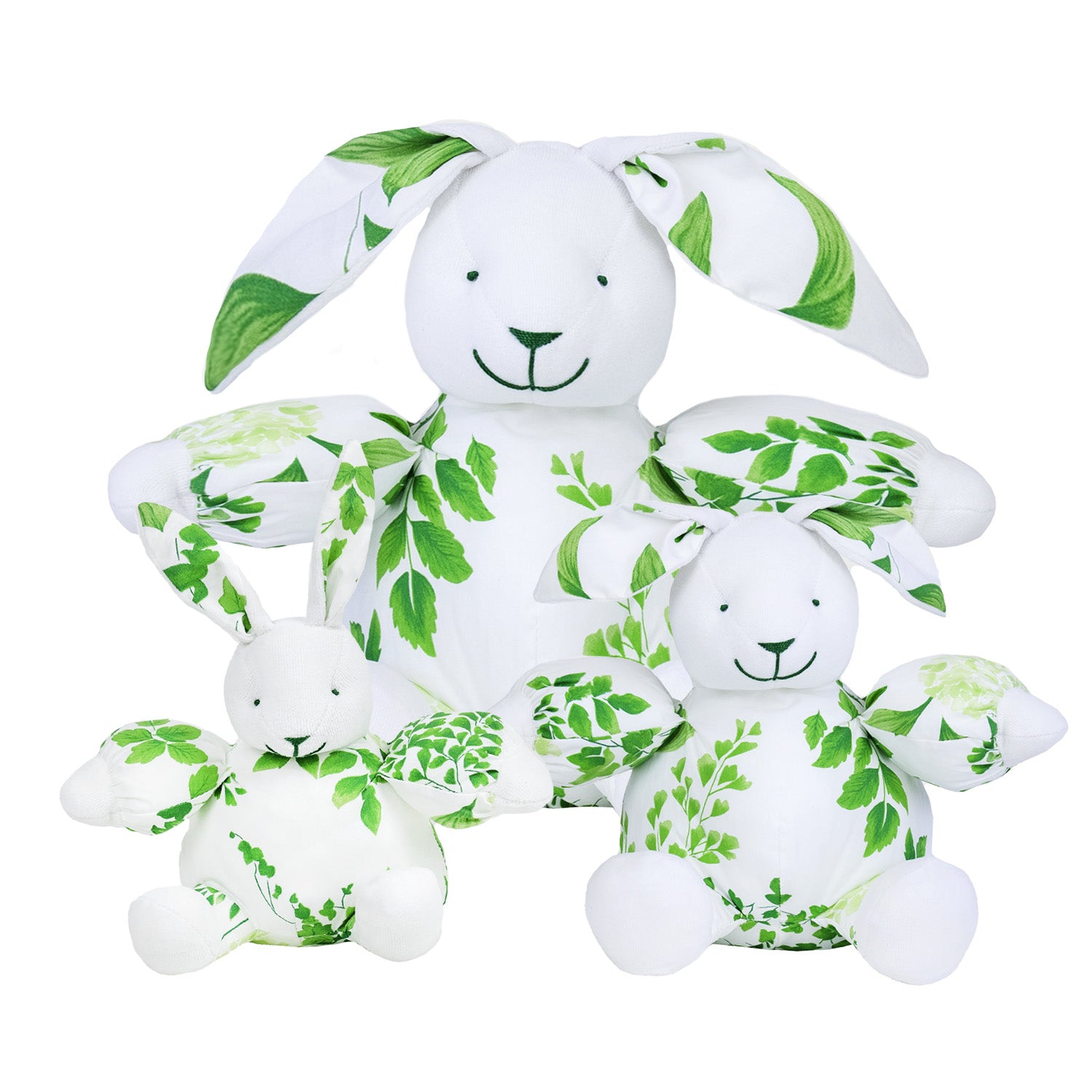 Small, Medium and Large stuffed toy bunnies in group shot. In Mariage pattern