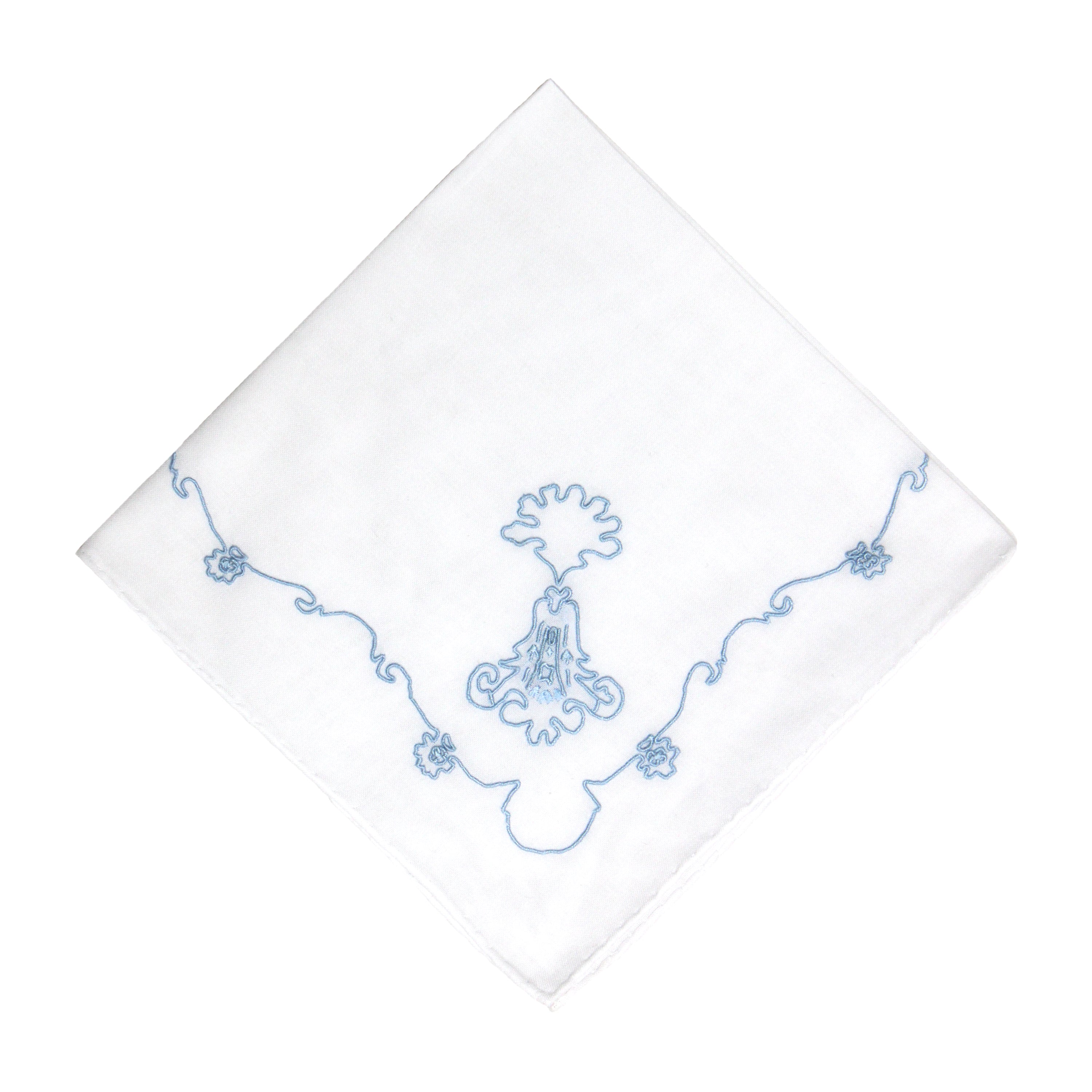 Cotton voile handkerchief, hand-rolled hem, hand-embroidered with Marie Antoinette blue.