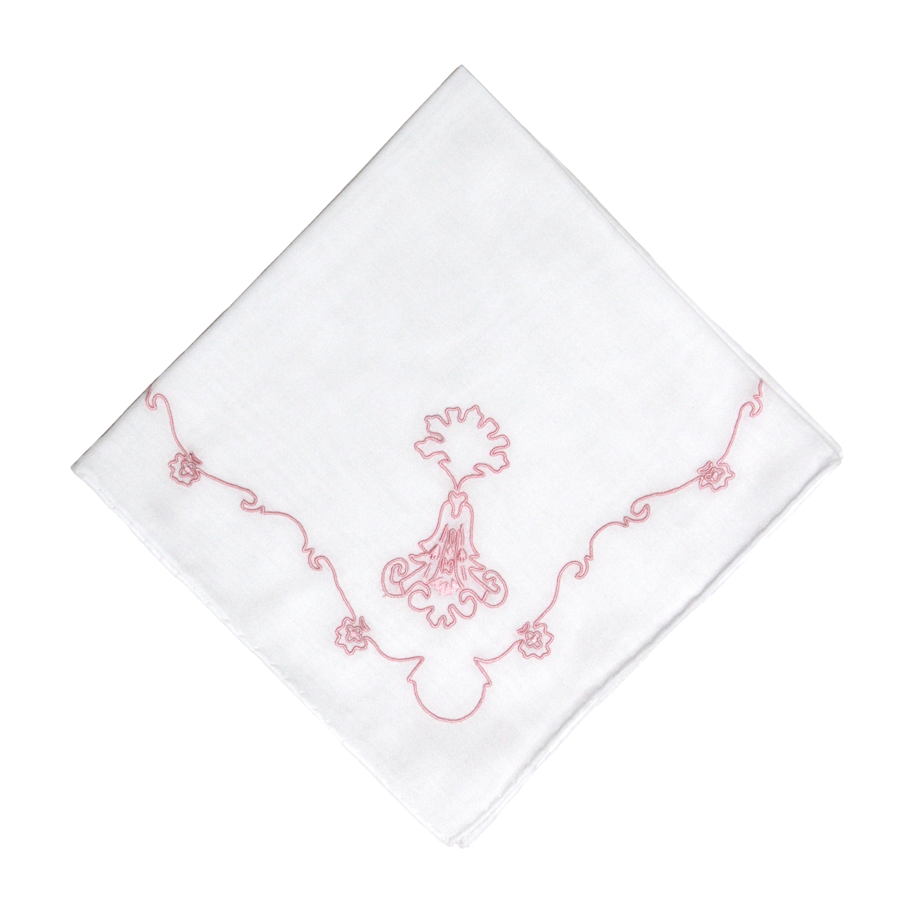 Cotton voile handkerchief, hand-rolled hem, hand-embroidered with Marie Antoinette pink.