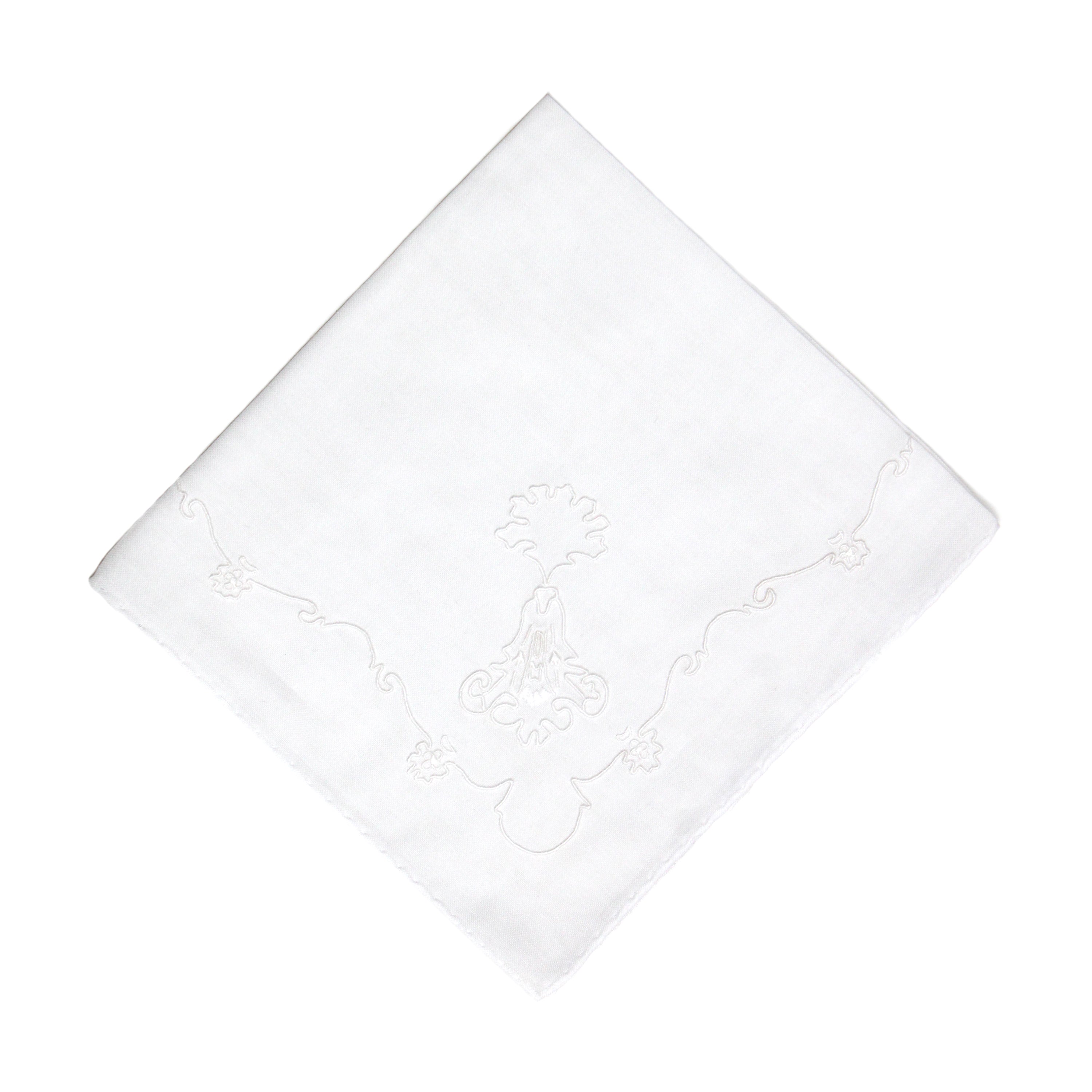 Cotton voile handkerchief, hand-rolled hem, hand-embroidered with Marie Antoinette white.