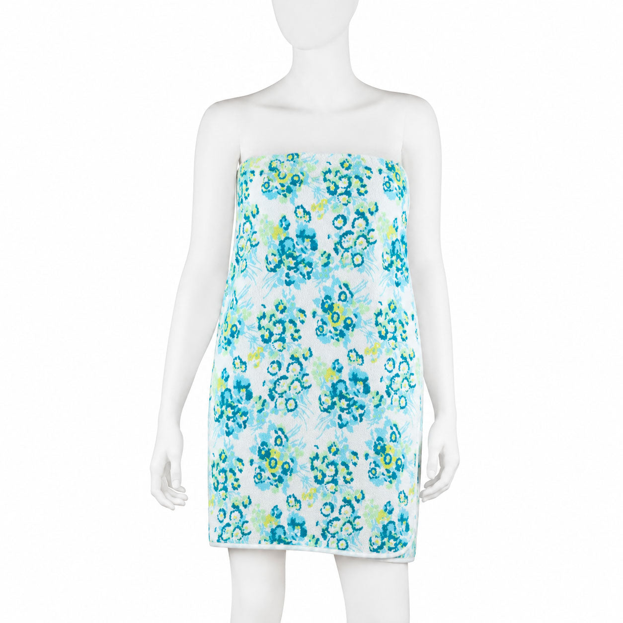 Printed blue and green florals on a terry wrap (fling), on a mannequin, white bias along the side and bottom. With a white background.