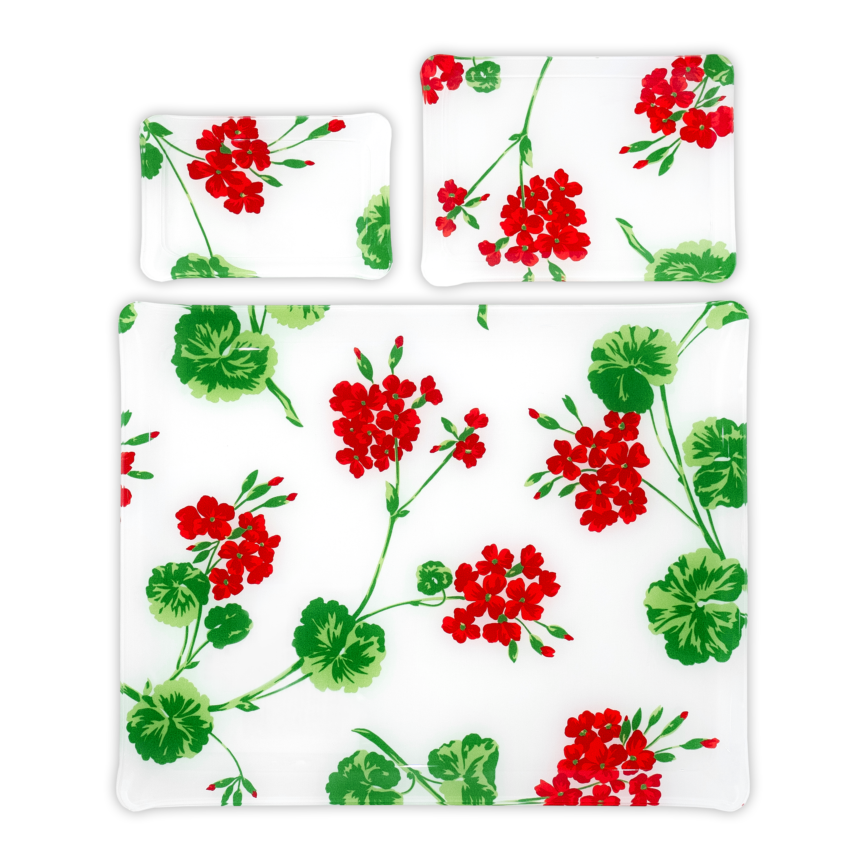 Group image of red florals with green leaves/stems print, Geraniums, in 3 Trays sizes: Small, Medium & Large