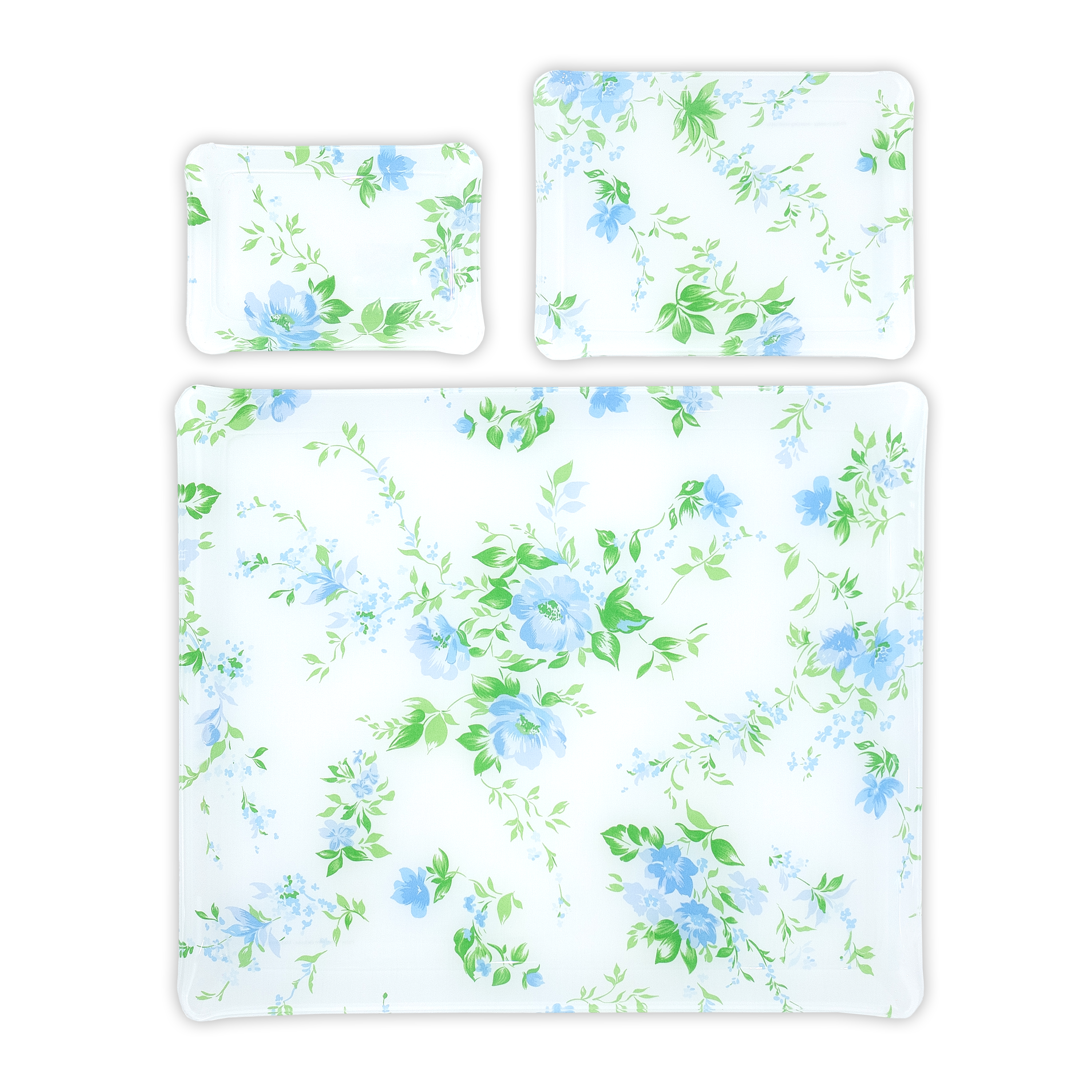 Group image of Blue and green floral print, Fleurs du Vent, in 3 Trays sizes: Small, Medium & Large