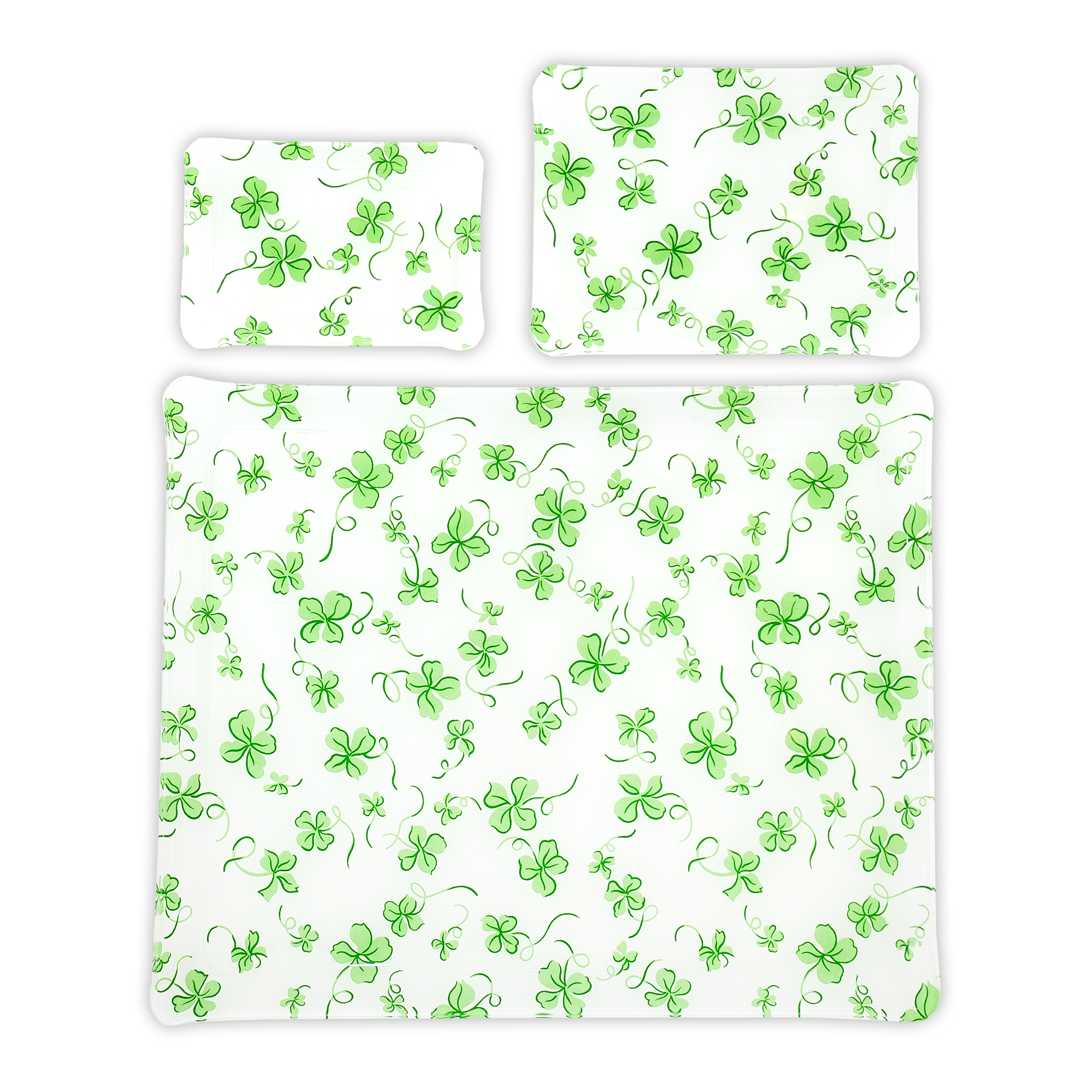 Group image of green clovers print, Trefles, in 3 Trays sizes: Small, Medium & Large