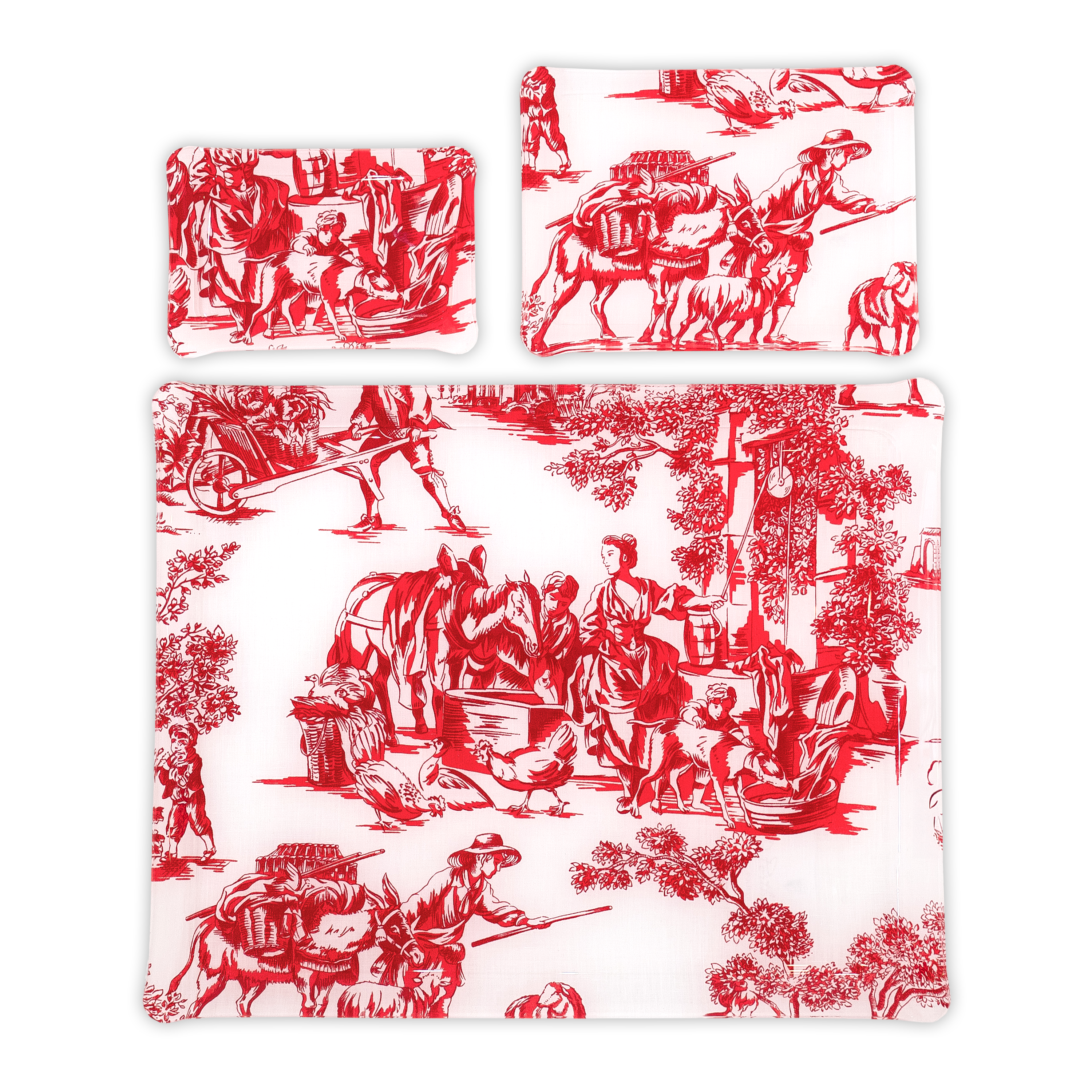 Group image of red toile de jouy (intricate designs of landscapes and figures) print, Pastorale, in 3 Trays sizes: Small, Medium & Large