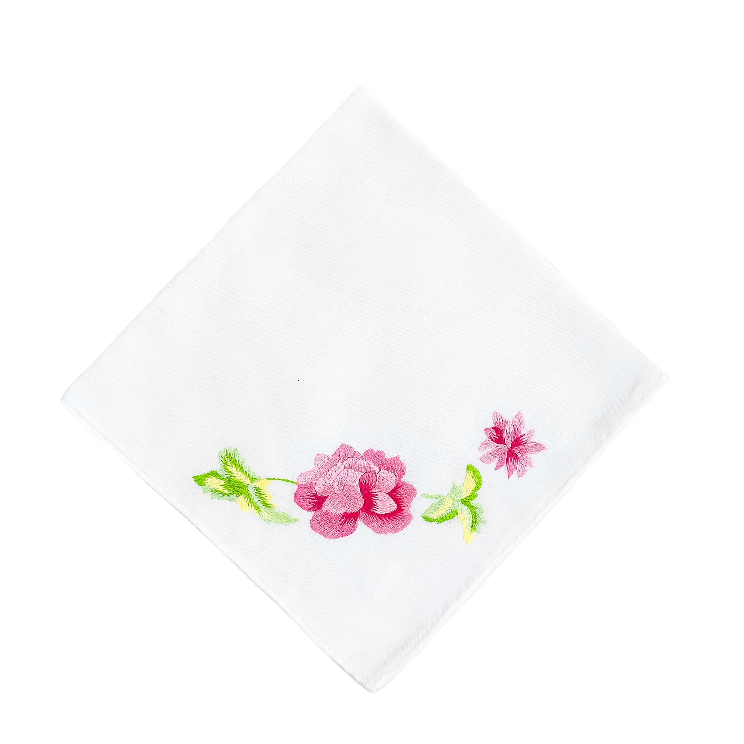 Cotton voile handkerchief, hand-rolled hem, hand-embroidered with a floral, Pivoines pink.