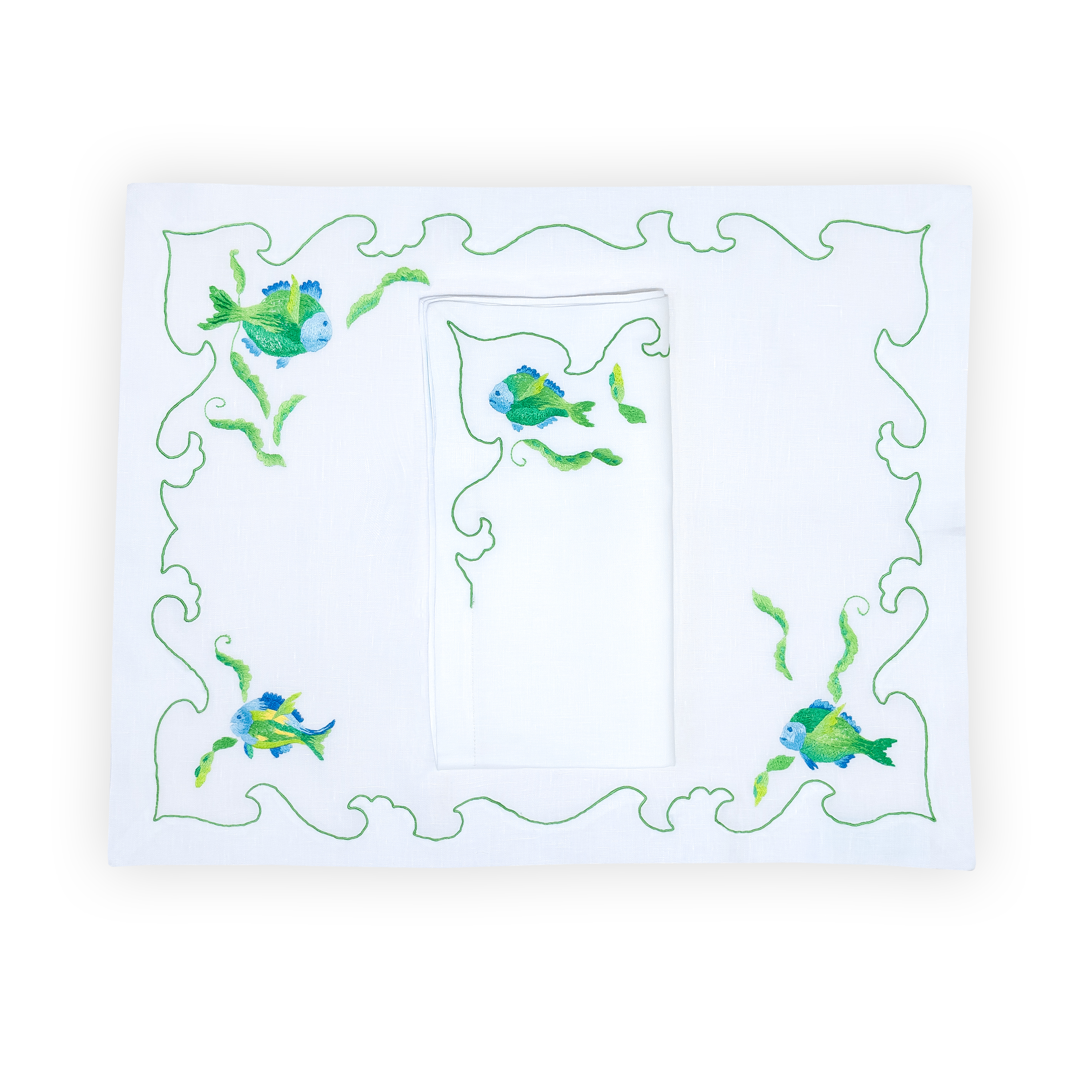 Poissons Green/Blue Emb. Placemat/Napkin Sets