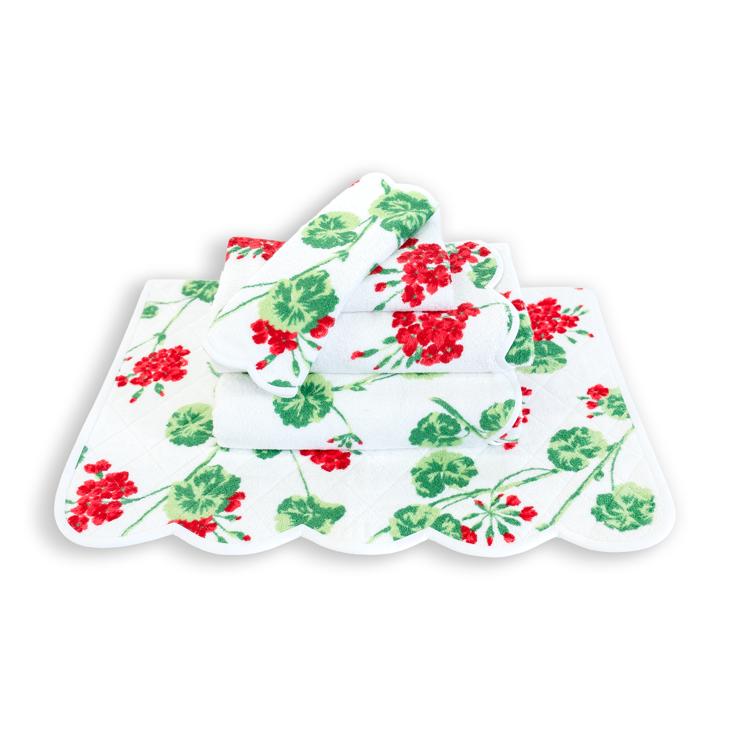 Towel stack of floral Red Geraniums, with green stems and leaves.