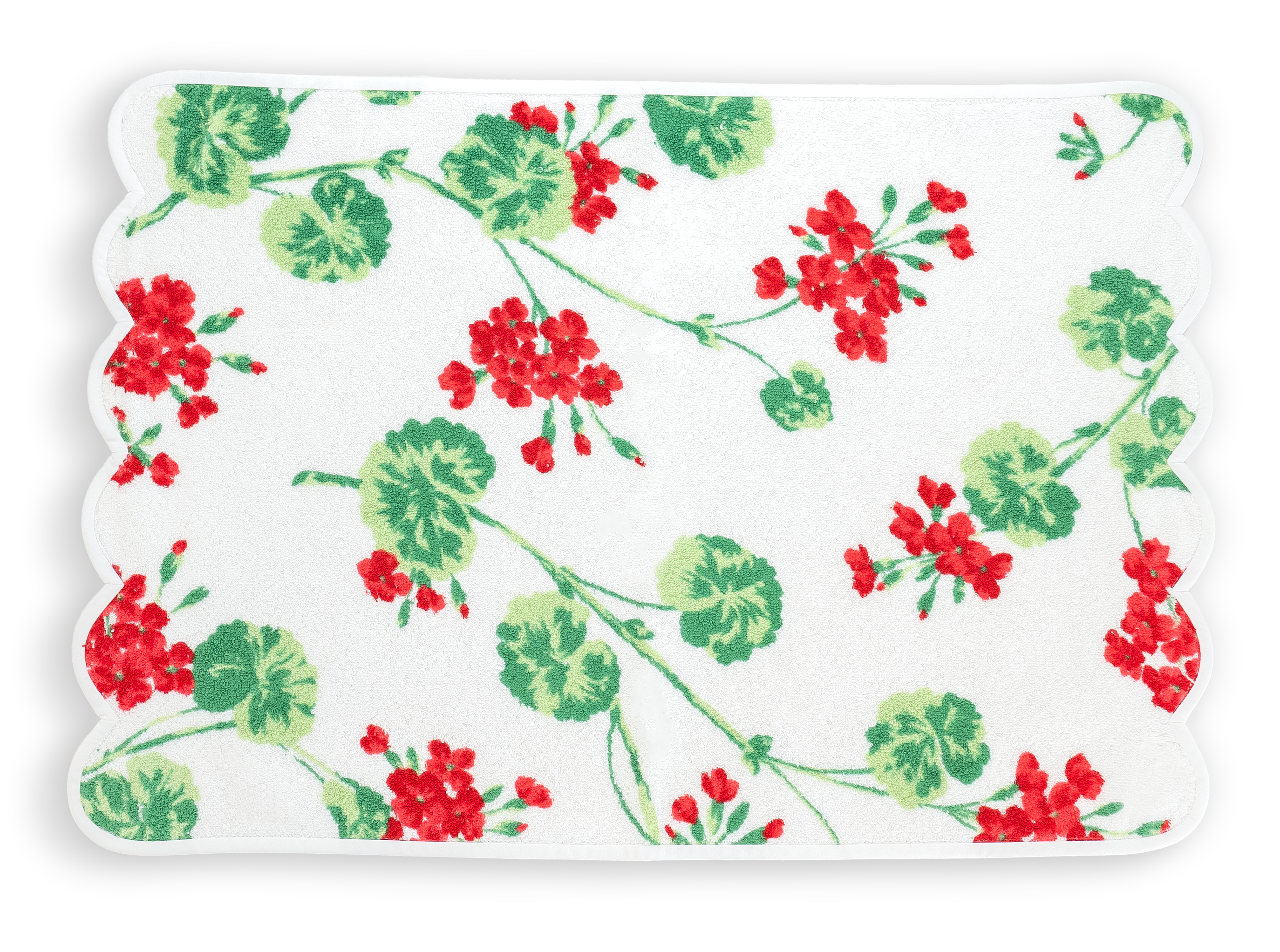 Hand Towel of floral Red Geraniums, with green stems and leaves.