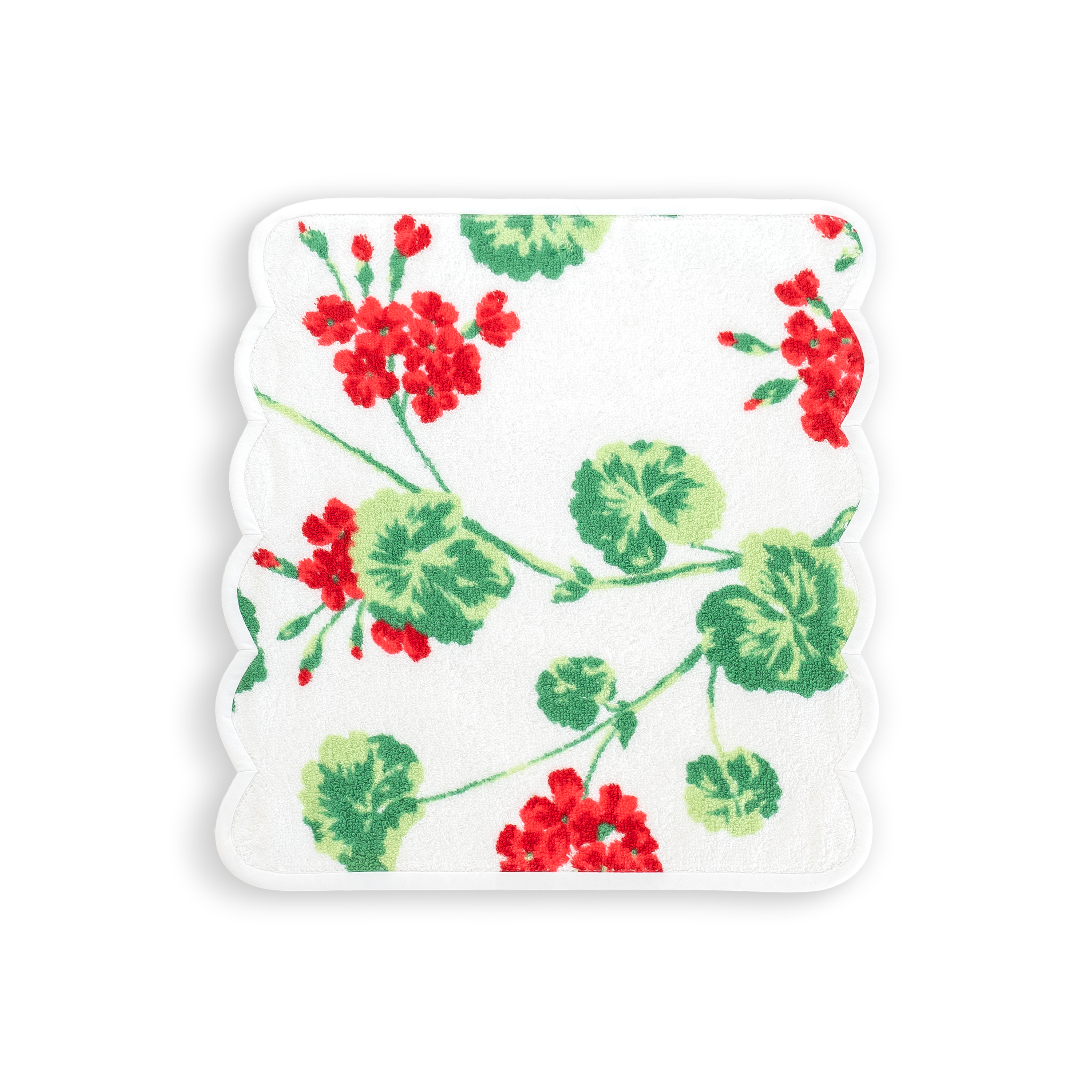 Washcloth of floral Red Geraniums, with green stems and leaves.