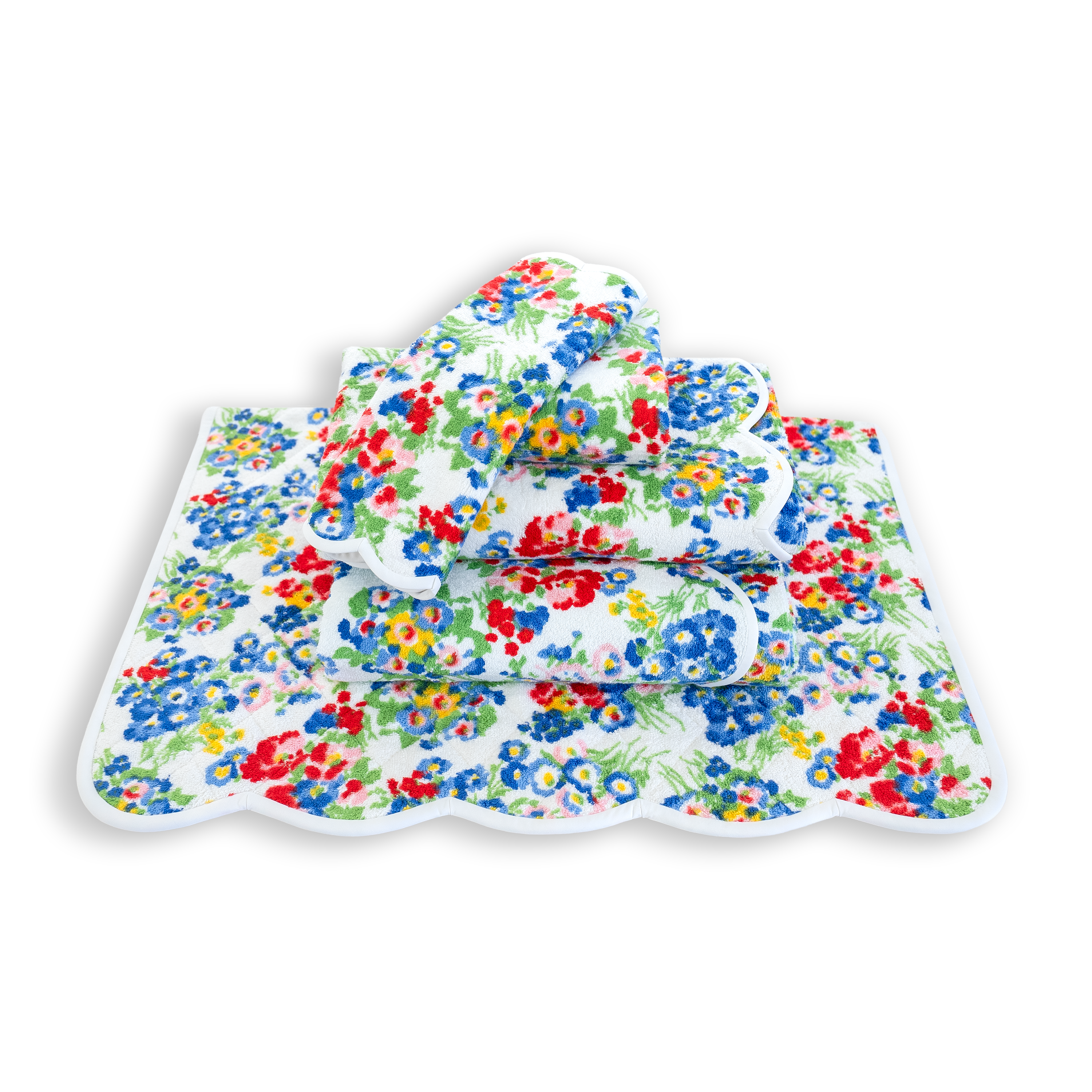 Towel stack of multi colored floral print, new york mille fleurs