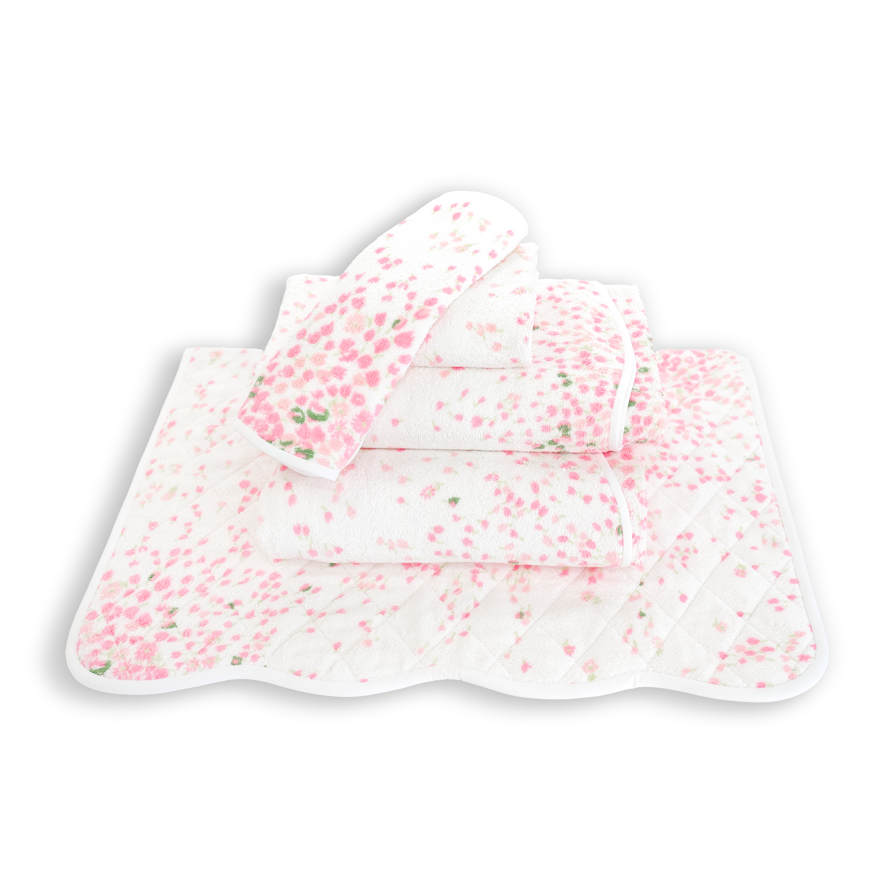 Towel stack of pink and green floral print, Bouquet Eclate