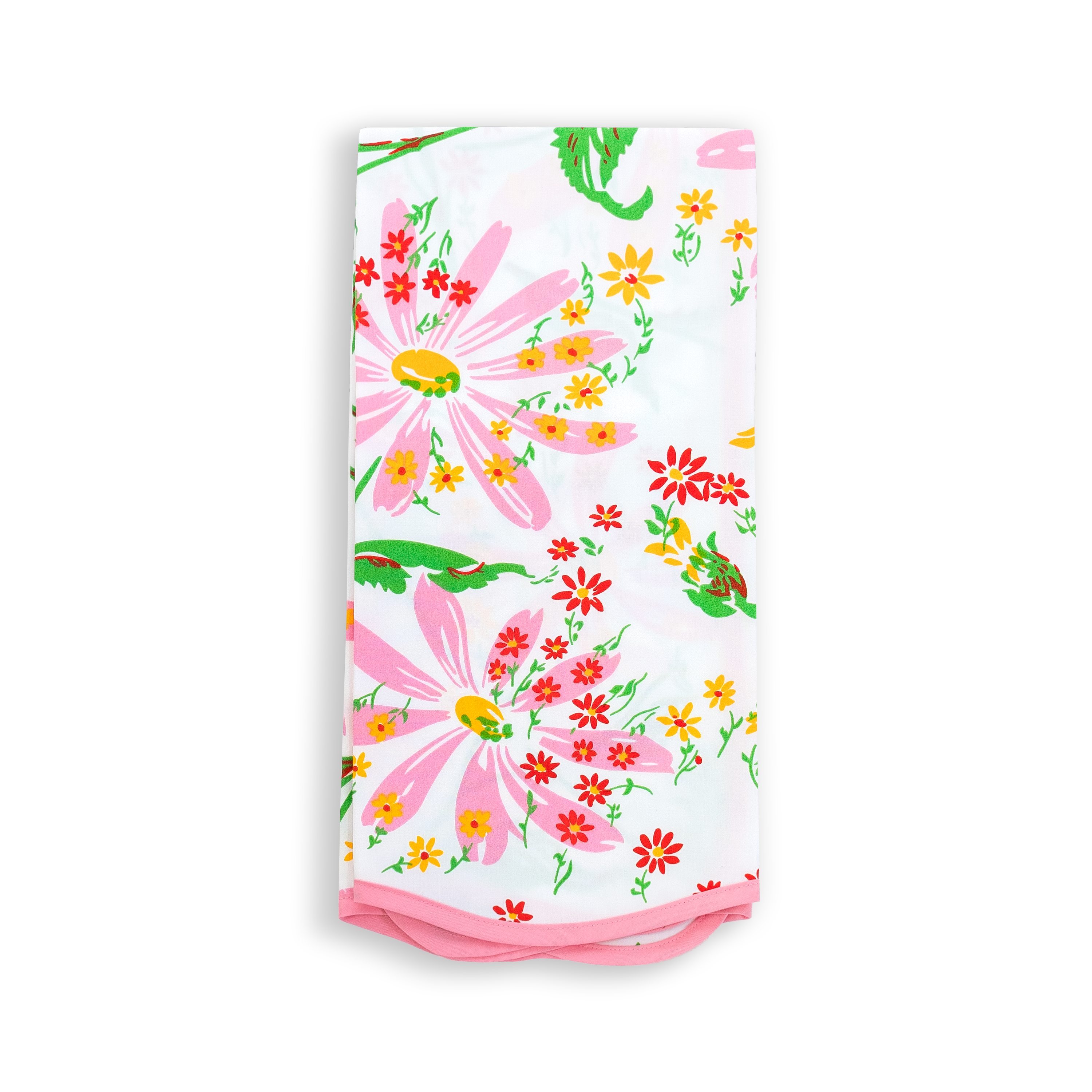 Pink daisies with mini yellow and red florals with green stems, on a folded guest towel with pink bias with white background.
