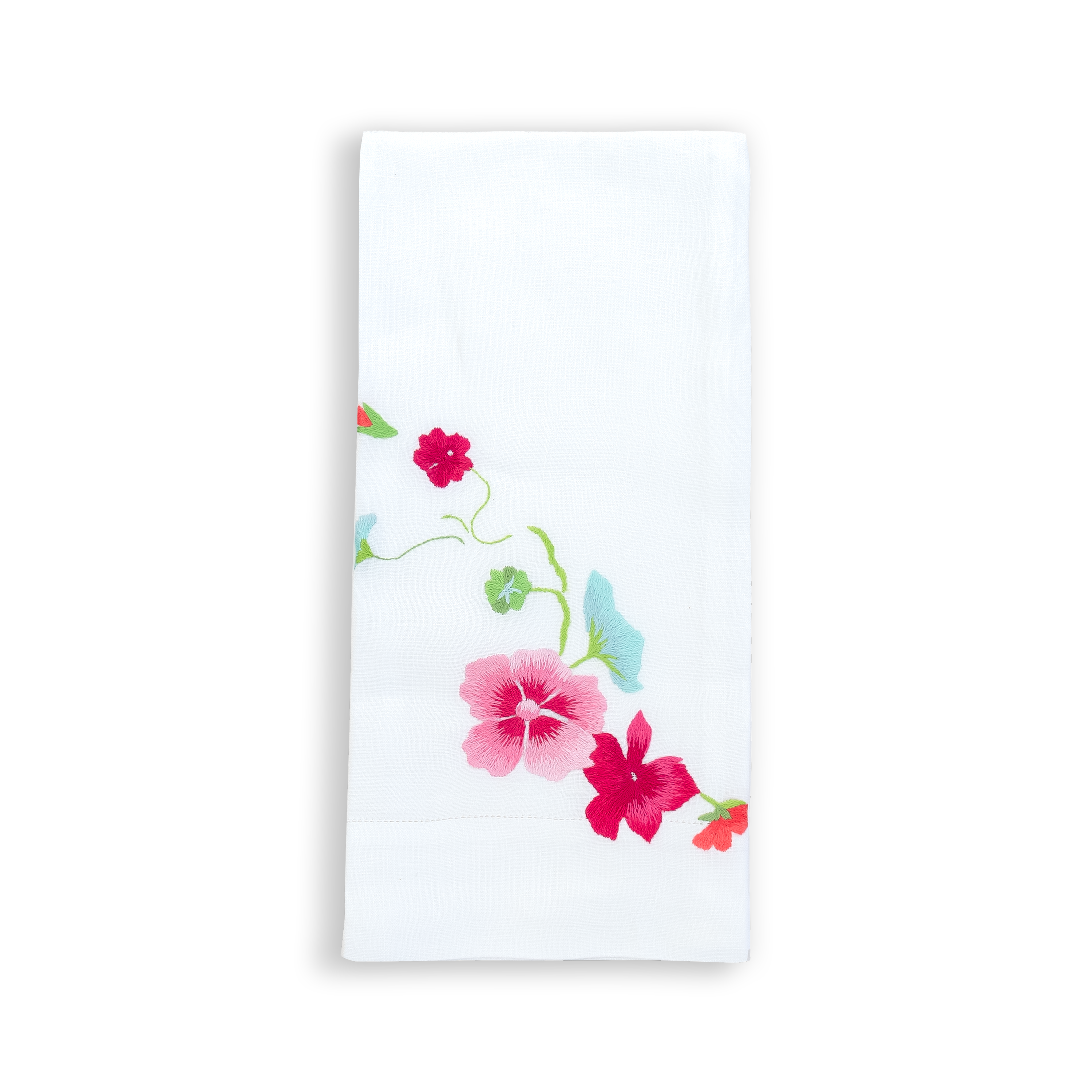 Solid white with shades of pink embroidered florals and green stems on a folded guest towel with a white background.