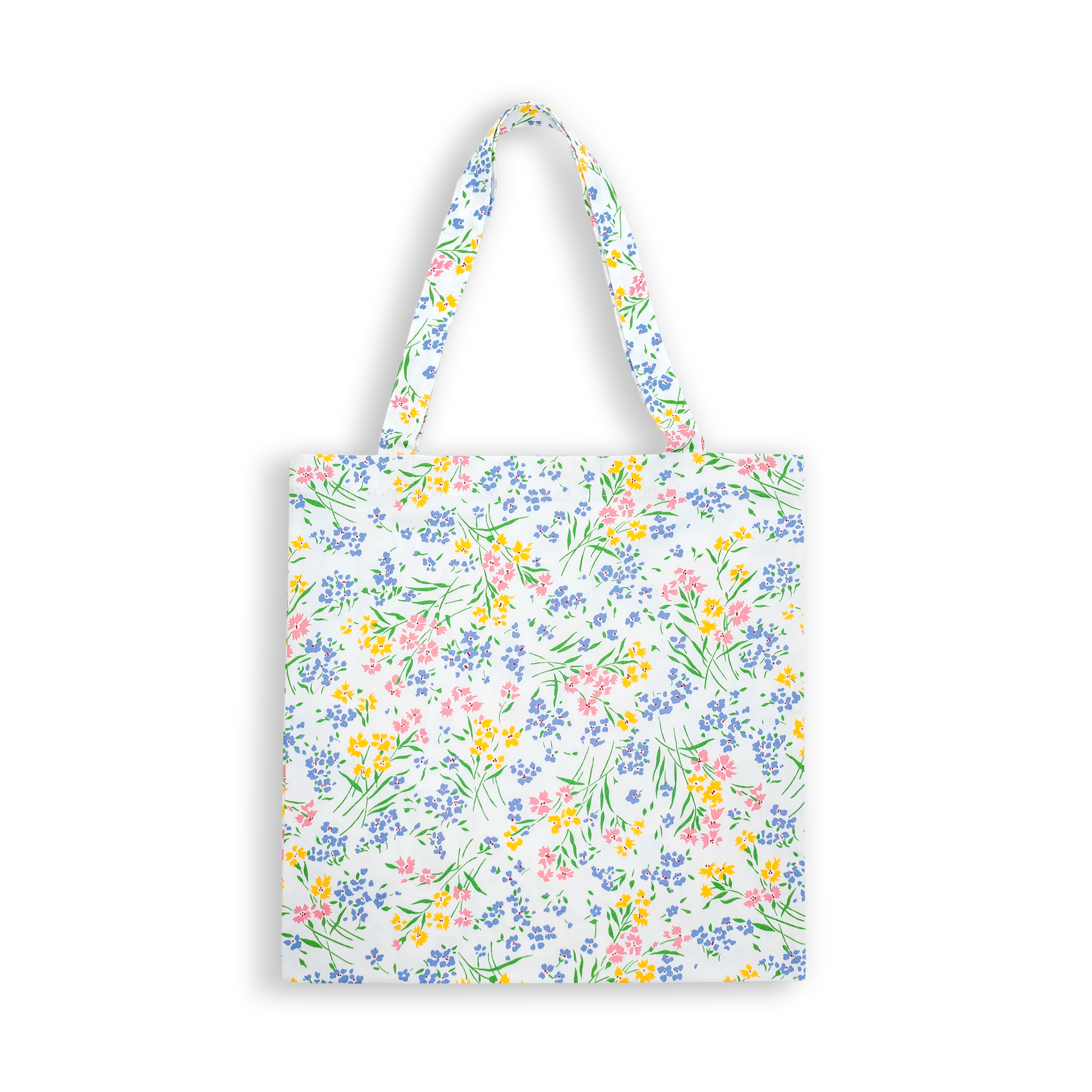 Multi color floral, fleurs des champs print on a tote bag with a white background.