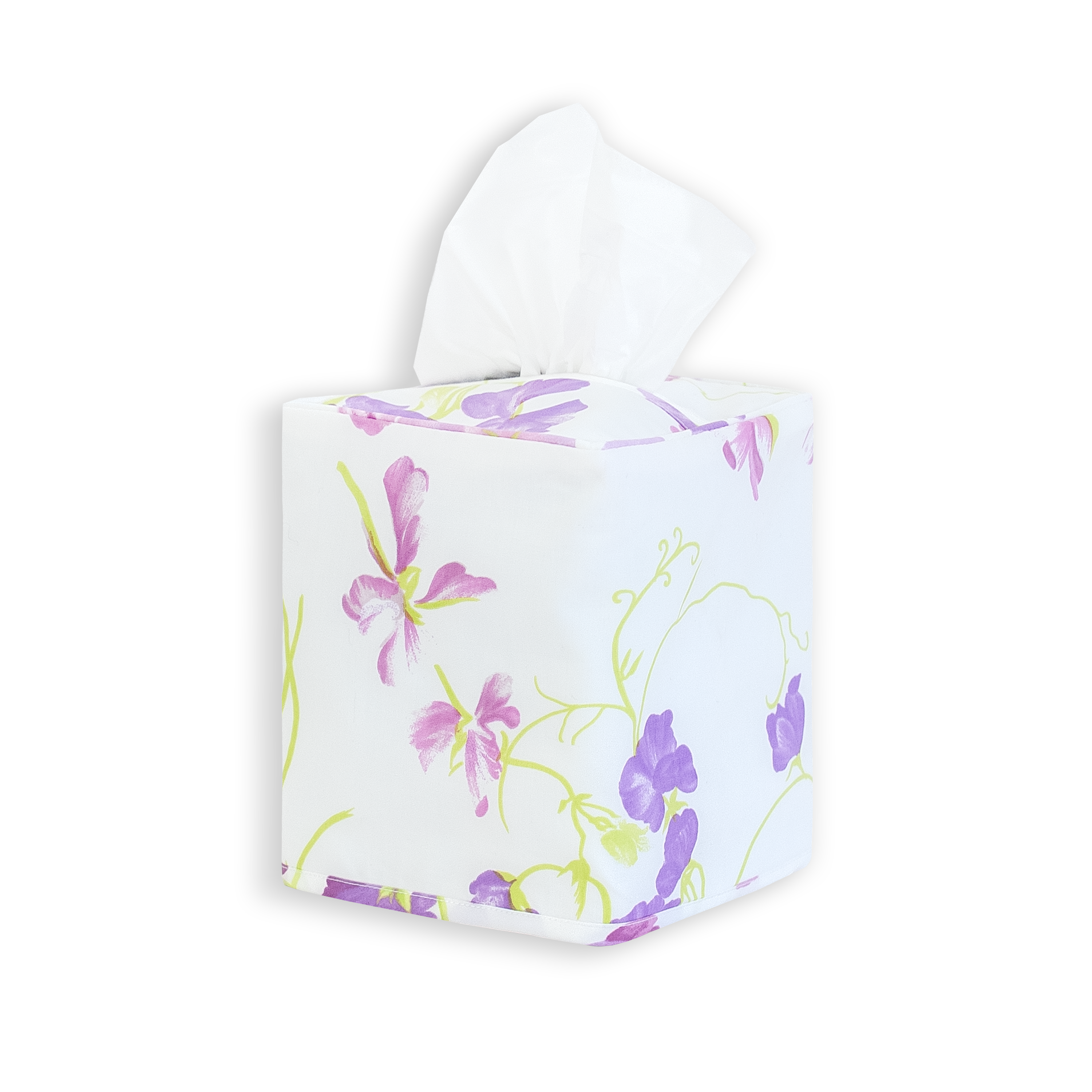 Purple floral with greens stems, pois de senteur print on a standard square tissue box cover with a white background