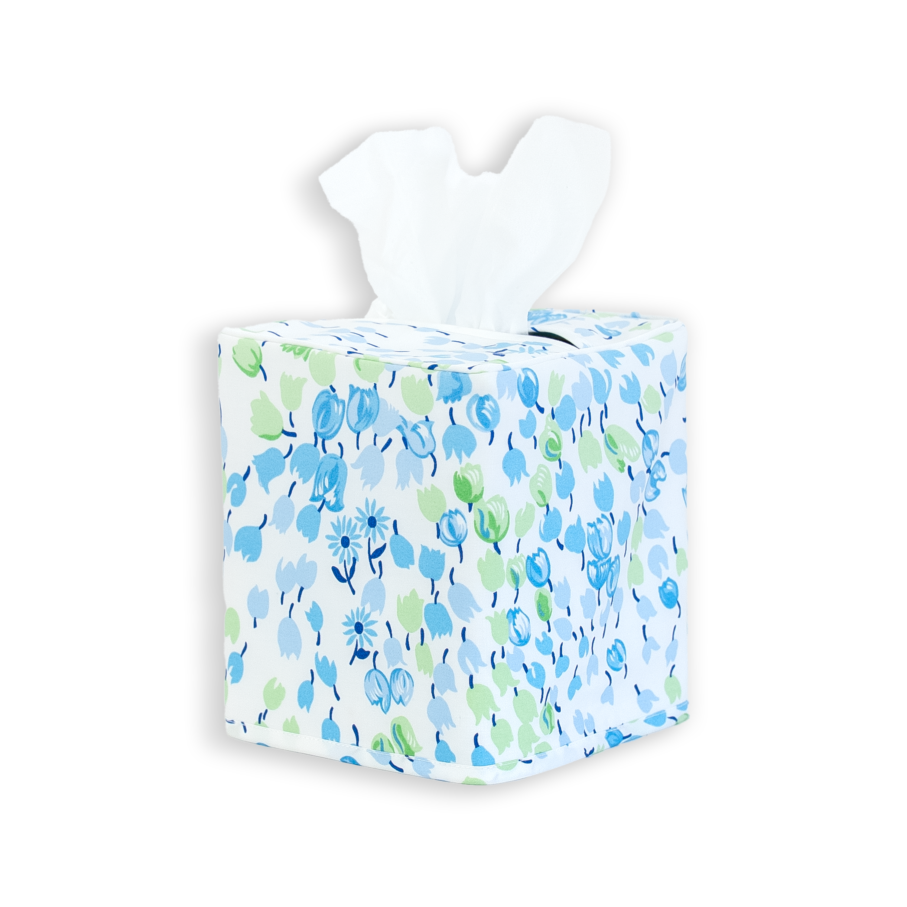 Blue and green floral, bouquet eclate print on a standard square tissue box cover with a white background