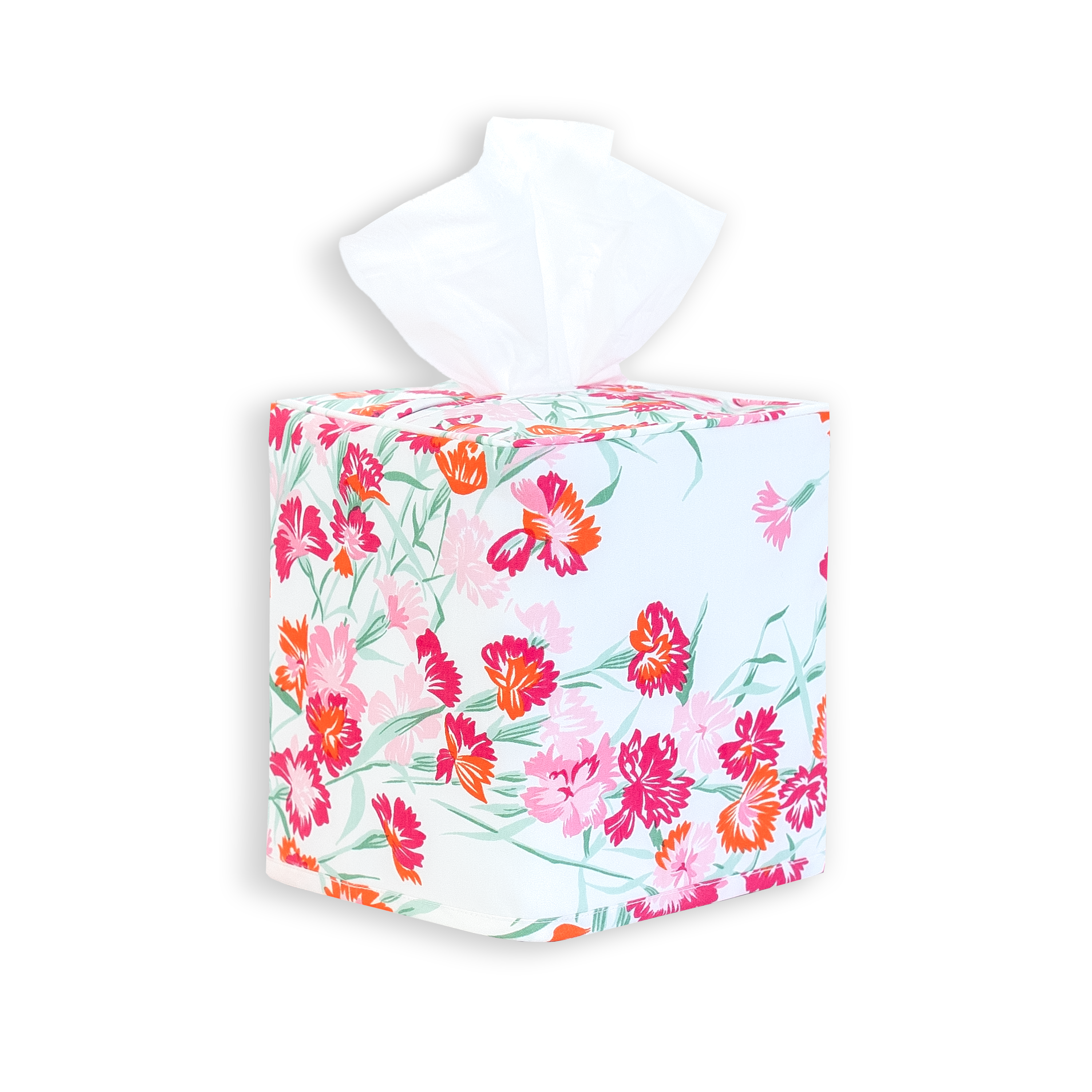 Pink and orange florals with greens stems, Jete d'oeillet print on a standard square tissue box cover with a white background